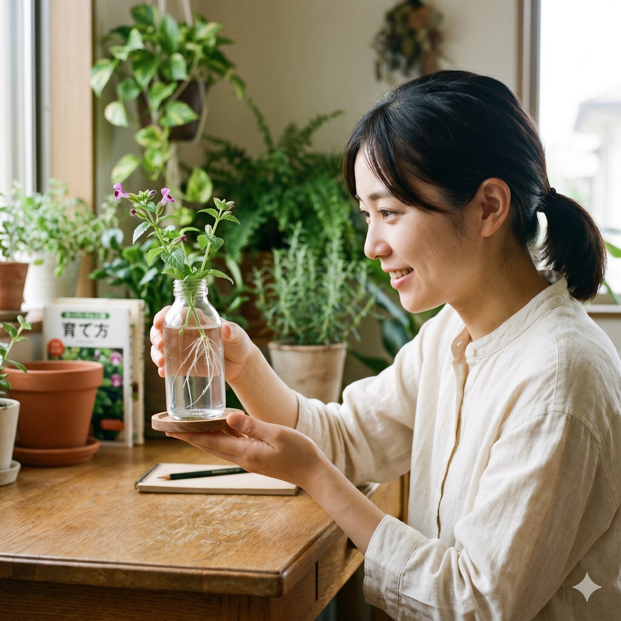 スーパー トレニア 増やし方4　ガラス瓶の水挿し法でスーパートレニアの茎から発根した白い健康な根