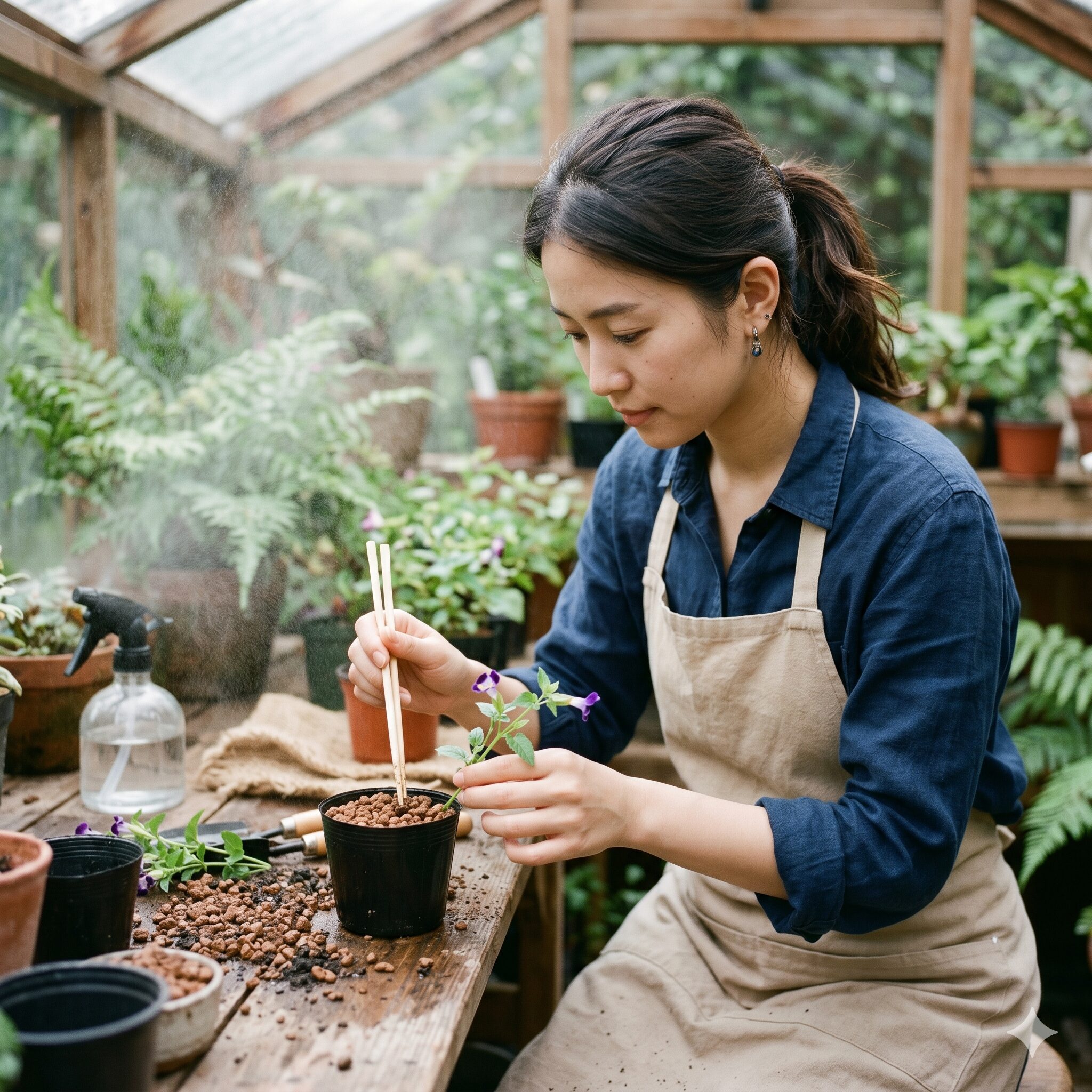 スーパー トレニア 増やし方5　清潔な赤玉土を使用したスーパートレニアの土挿し作業と霧吹きでの湿度管理