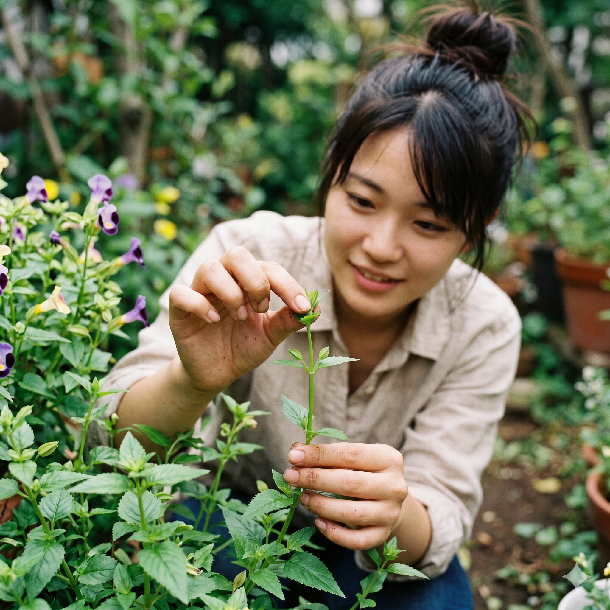 スーパー トレニア 増やし方6　スーパートレニアの枝数を増やしてこんもりさせるための先端の摘心（ピンチ）作業