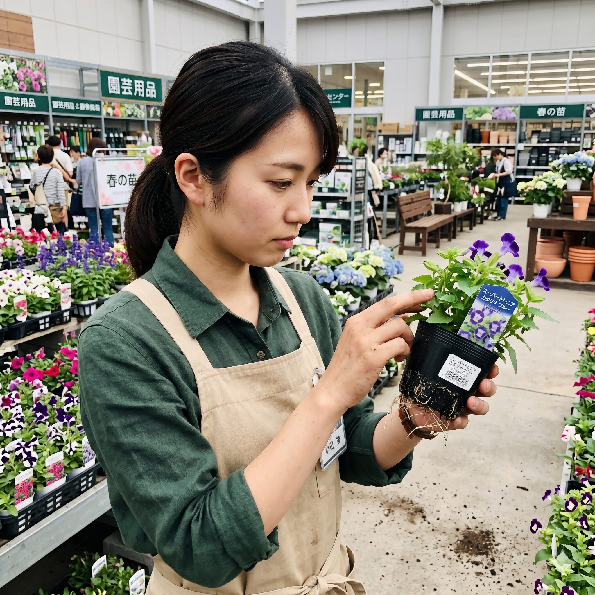 スーパー トレニア 販売 時期4　店頭でスーパートレニアの苗の健康状態や根張りを慎重にチェックする様子