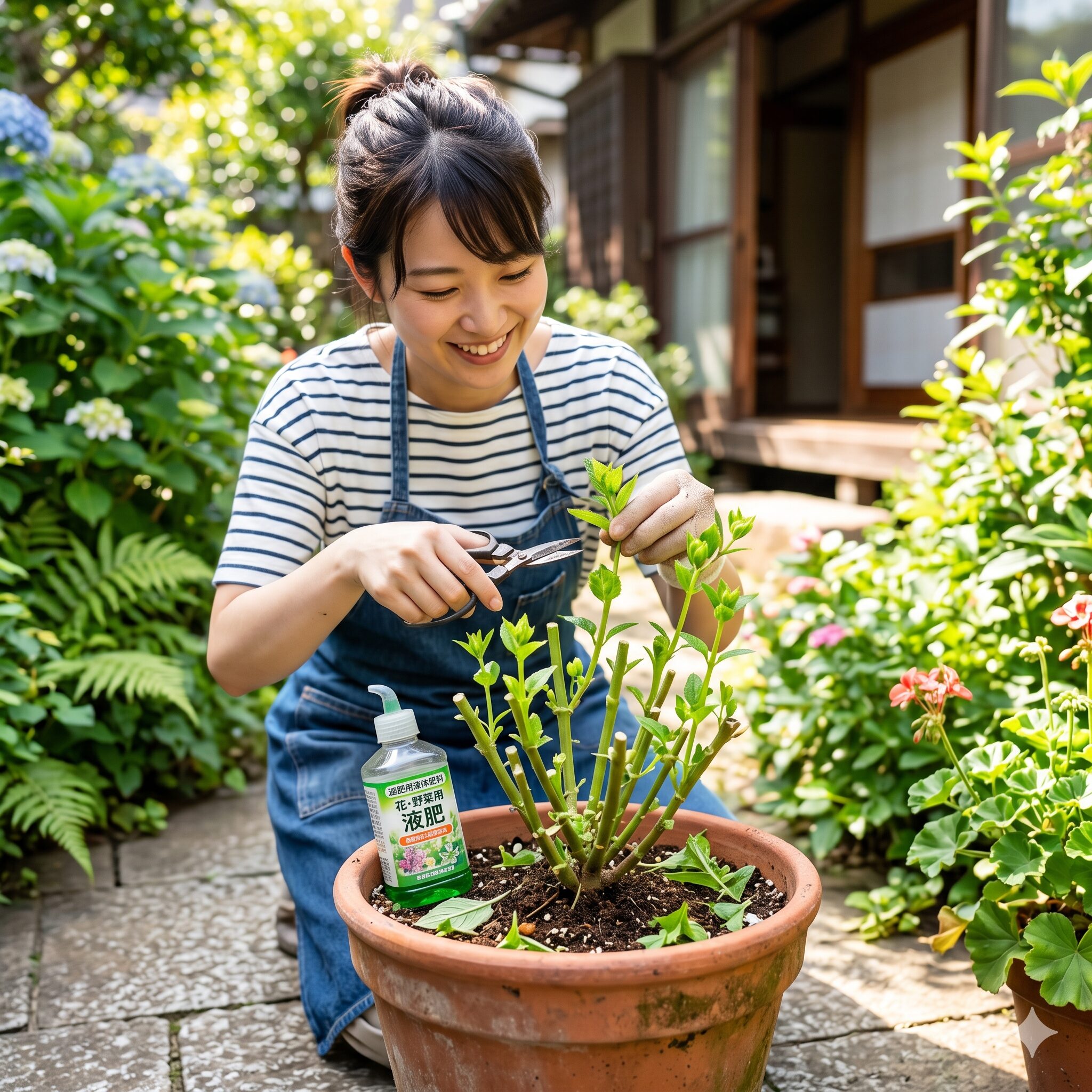 スーパー トレニア 販売 時期9　夏越しのために切り戻されたスーパートレニアと追肥用の液体肥料