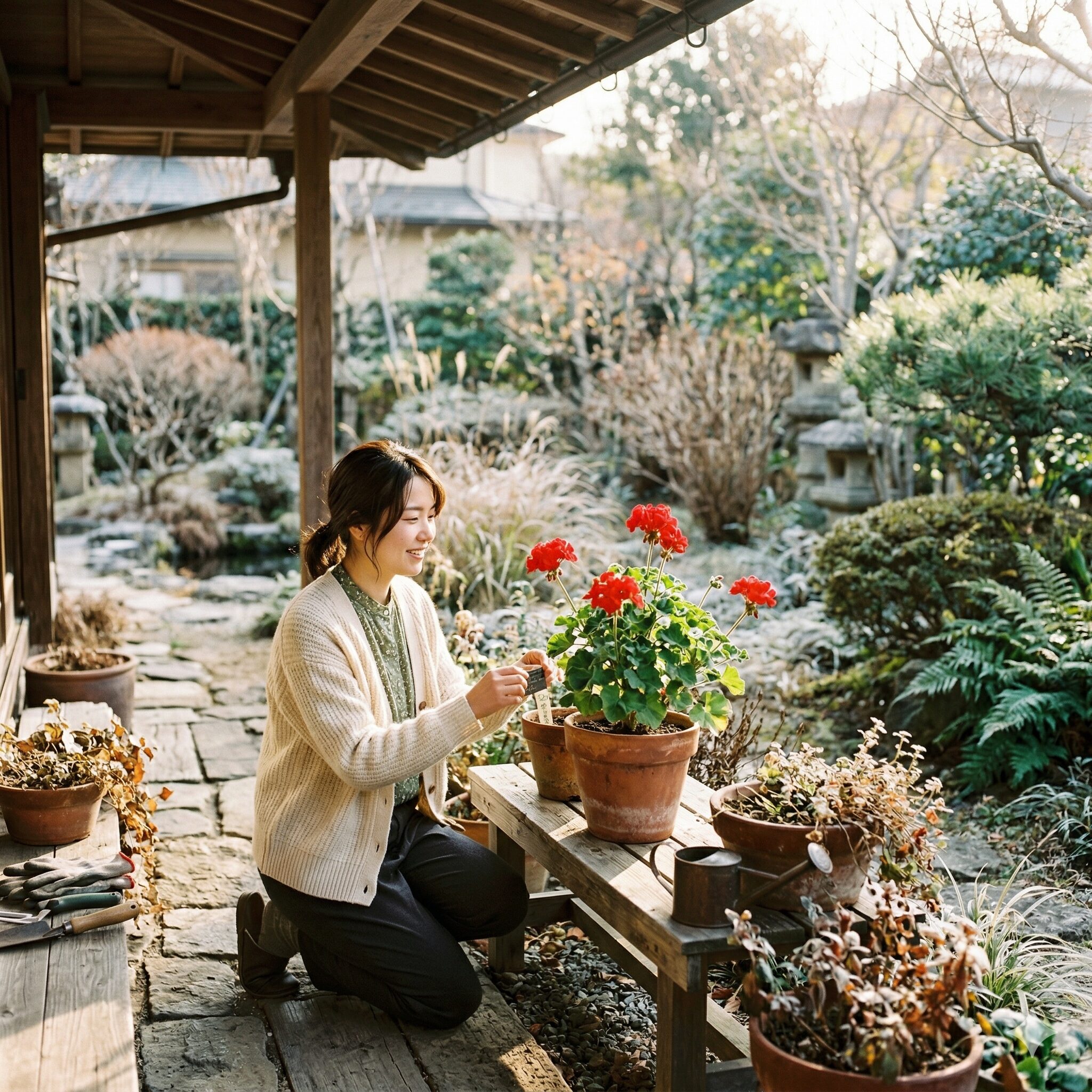 ゼラニウム 冬 越し 外1　冬の軒下で寒さに耐えながら元気に育つ赤いゼラニウムの鉢植え