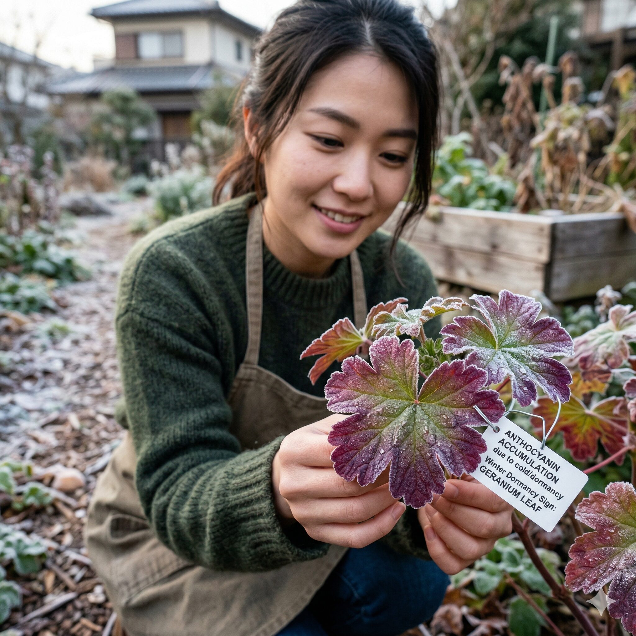 ゼラニウム 冬 越し 外2 寒さの影響で葉の縁が赤紫色に変色したゼラニウムの休眠サイン