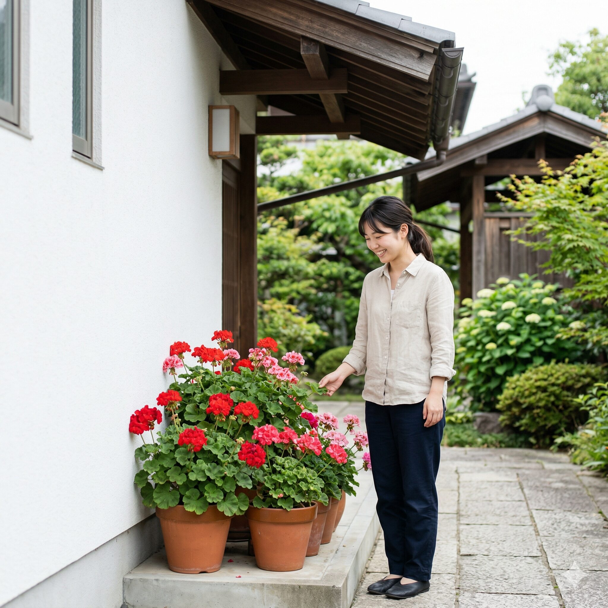 ゼラニウム 冬 越し 外3 放射冷却や雨を避けるために南向きの軒下壁際に置かれたゼラニウムの鉢