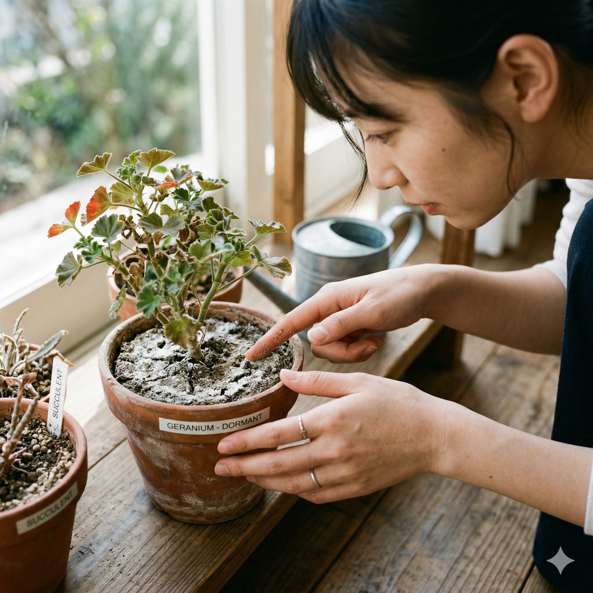 ゼラニウム 冬 越し 外4 冬越しの成功率を上げるために乾燥気味に管理されたゼラニウムの鉢土