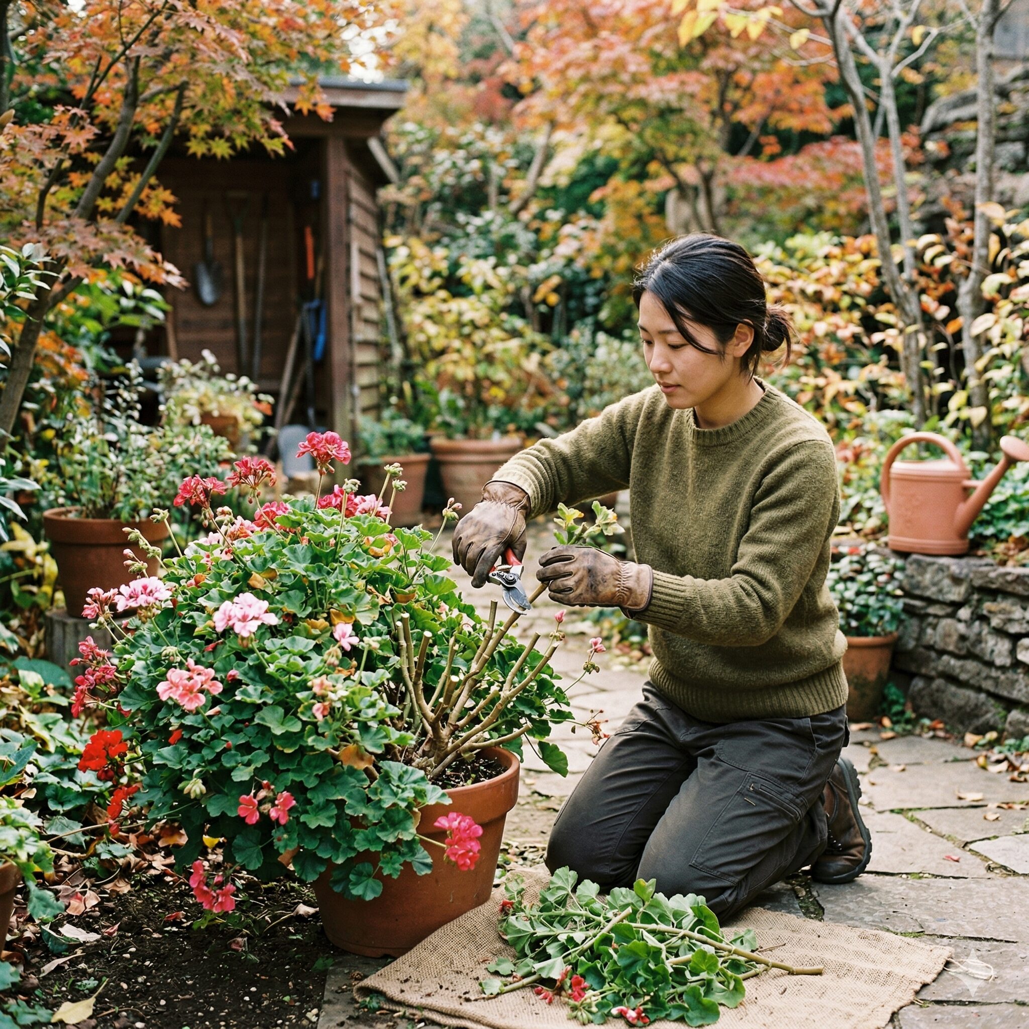 ゼラニウム 冬 越し 外5 冬の寒さに備えてゼラニウムの枝をコンパクトに切り戻す剪定作業