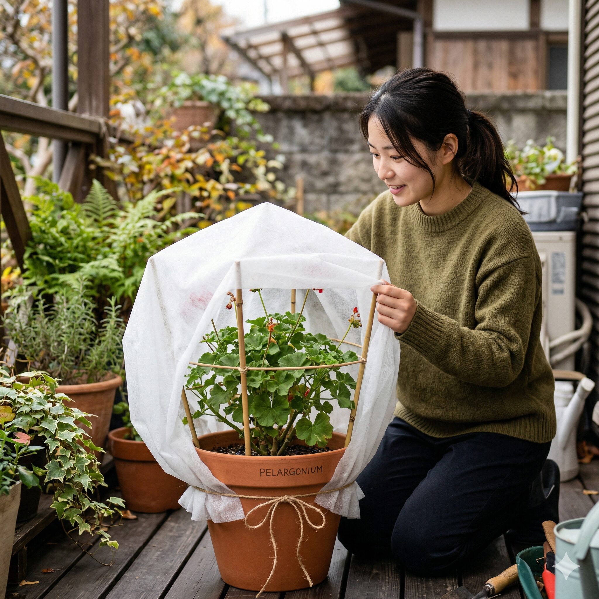 ゼラニウム 冬 越し 外6 寒風や霜からゼラニウムを守るために白い不織布で覆われた鉢植え
