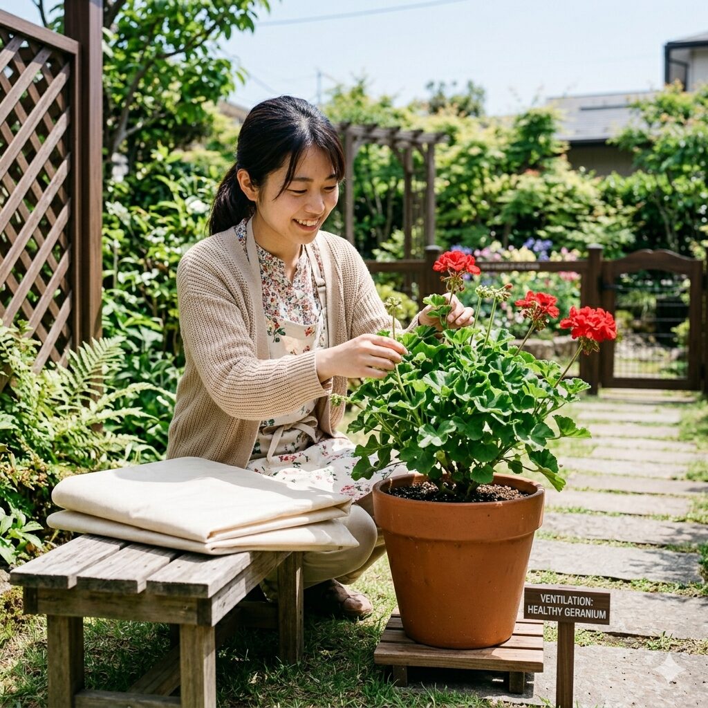ゼラニウム 冬 越し 外9 病気予防のために日中の晴天時に不織布を外して換気するゼラニウム