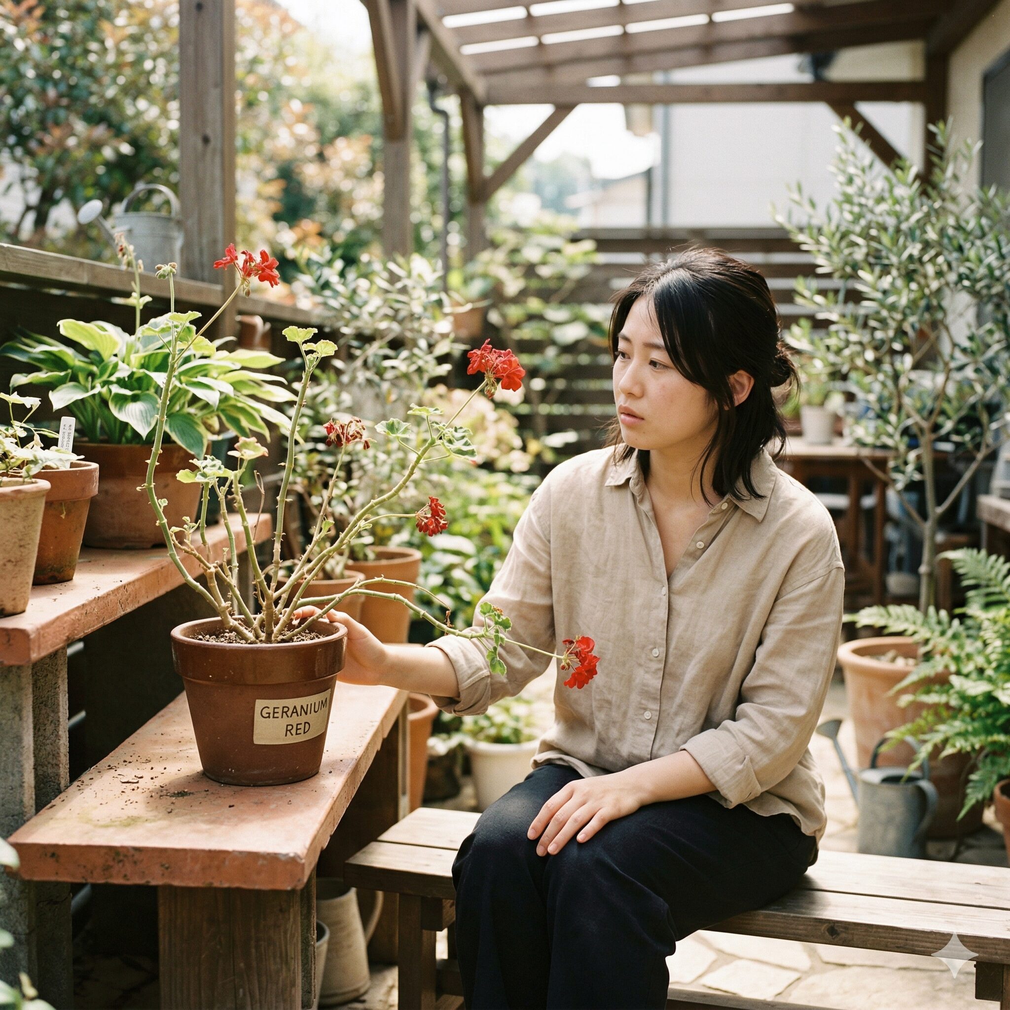 ゼラニウム 切り 戻し 時期　ゼラニウムの切り戻し時期を逃して茎がひょろひょろに伸び株元が寂しくなった手入れ前の鉢植え