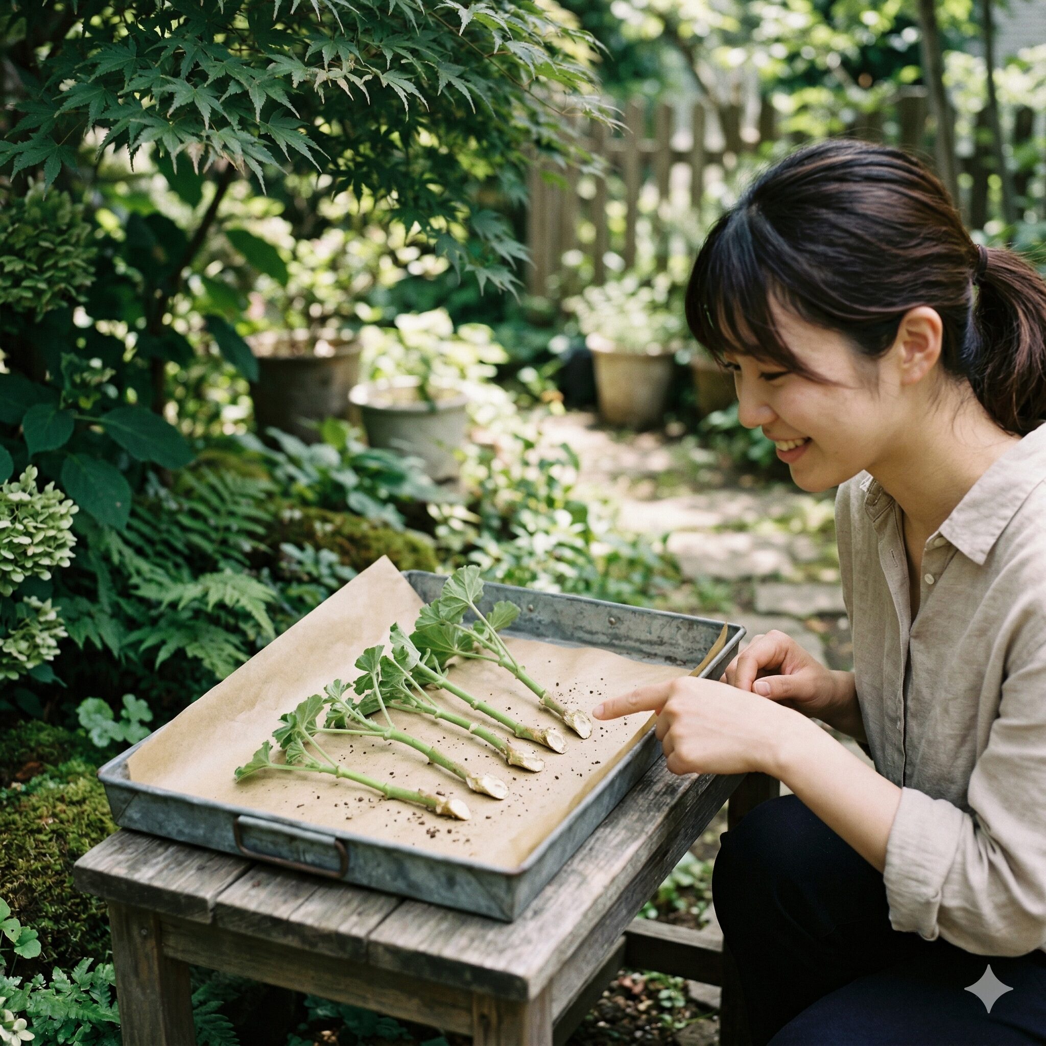 ゼラニウム 切り 戻し 時期9 ゼラニウムの挿し木の成功率を上げるために切り口を日陰で乾燥させている工程