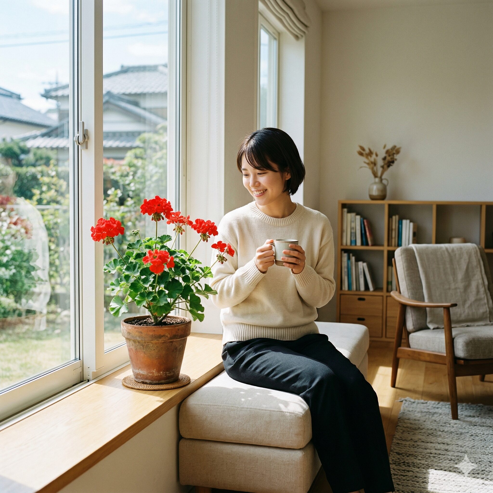 ゼラニウム 育て方 室内1　室内で鮮やかに咲く赤いゼラニウムの鉢植えと明るいリビングのインテリア