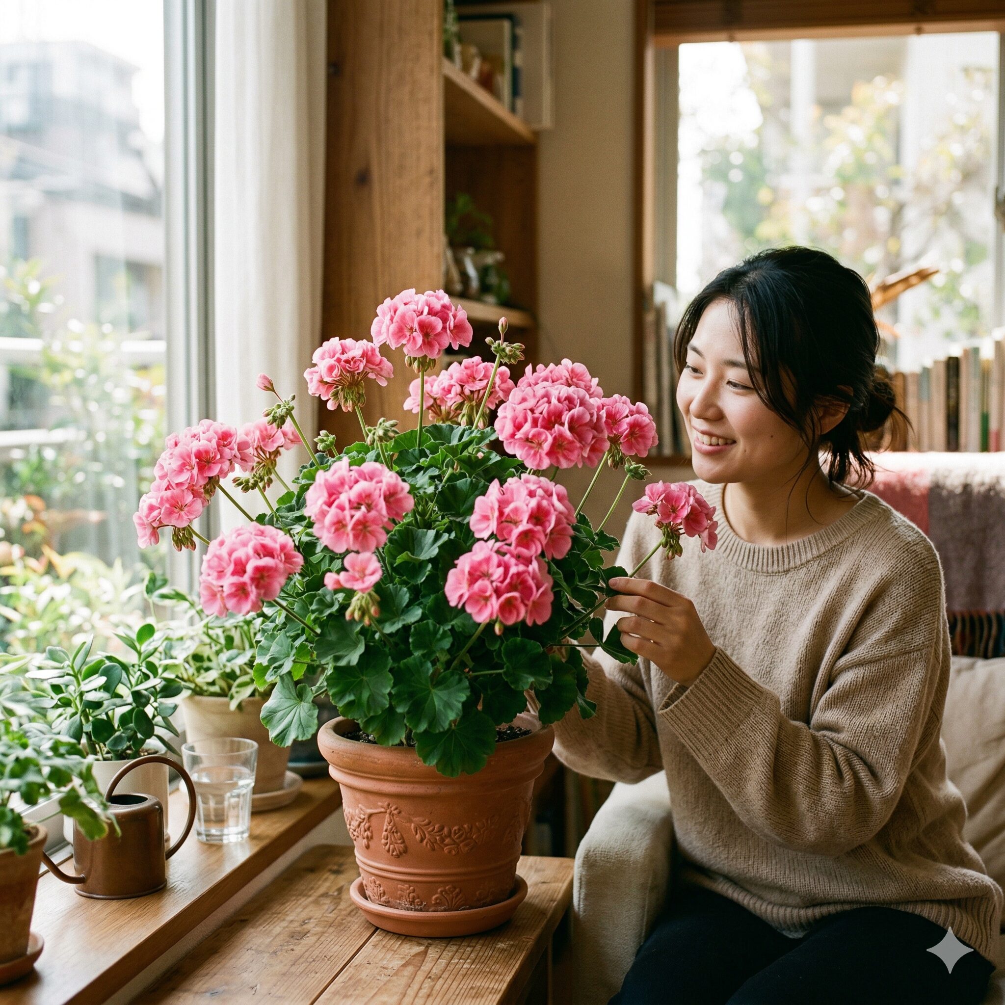 ゼラニウム 育て方 室内10 適切な管理によって室内で豪華に花を咲かせた健康的なゼラニウムの株