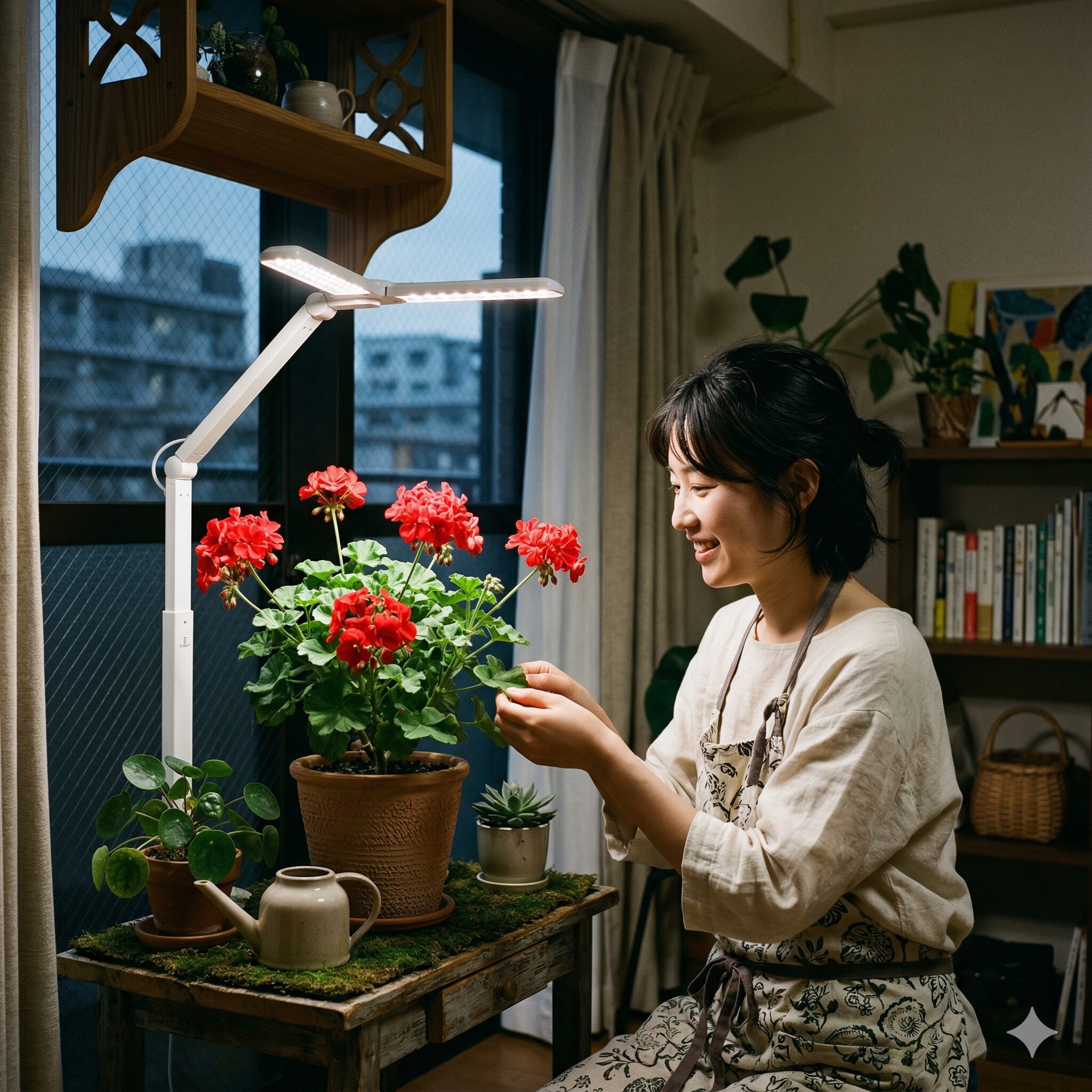 ゼラニウム 育て方 室内2 日照不足を補うために植物育成用LEDライトを使用して室内でゼラニウムを育てる様子
