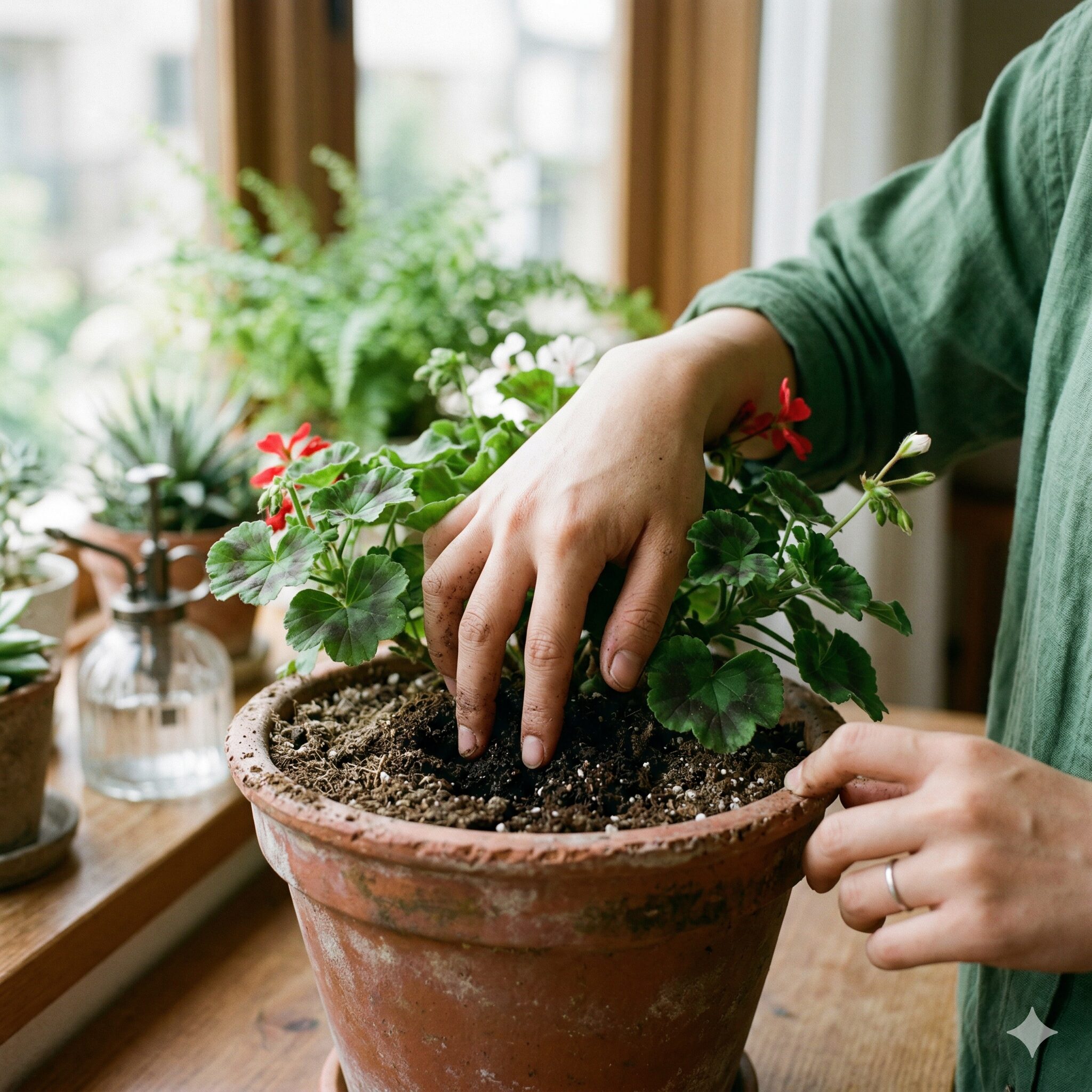 ゼラニウム 育て方 室内3 ゼラニウムの水やりタイミングを判断するために指で土の湿り気を確認する様子