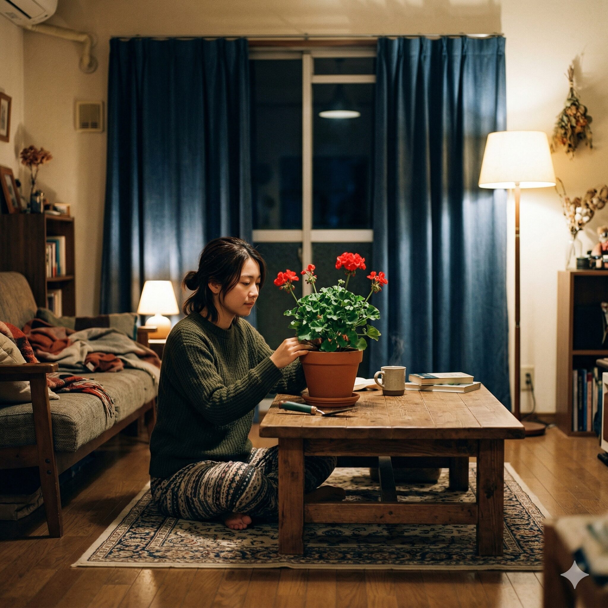 ゼラニウム 育て方 室内4 冬の夜間にコールドドラフトを避けるため窓際から部屋の中央へ避難させたゼラニウム