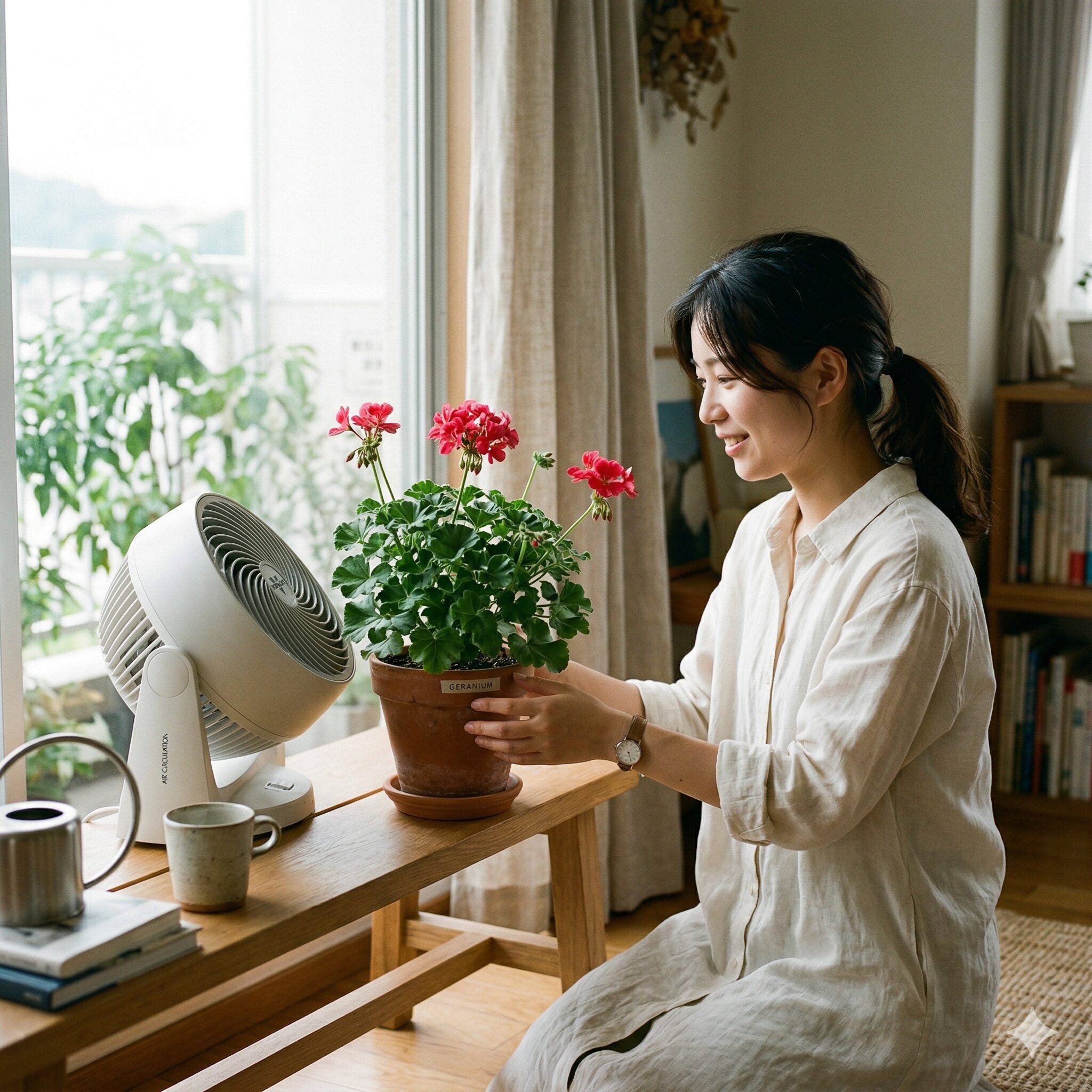 ゼラニウム 育て方 室内5 夏の室内でサーキュレーターを使用してゼラニウムの周囲に風を送る空気循環対策