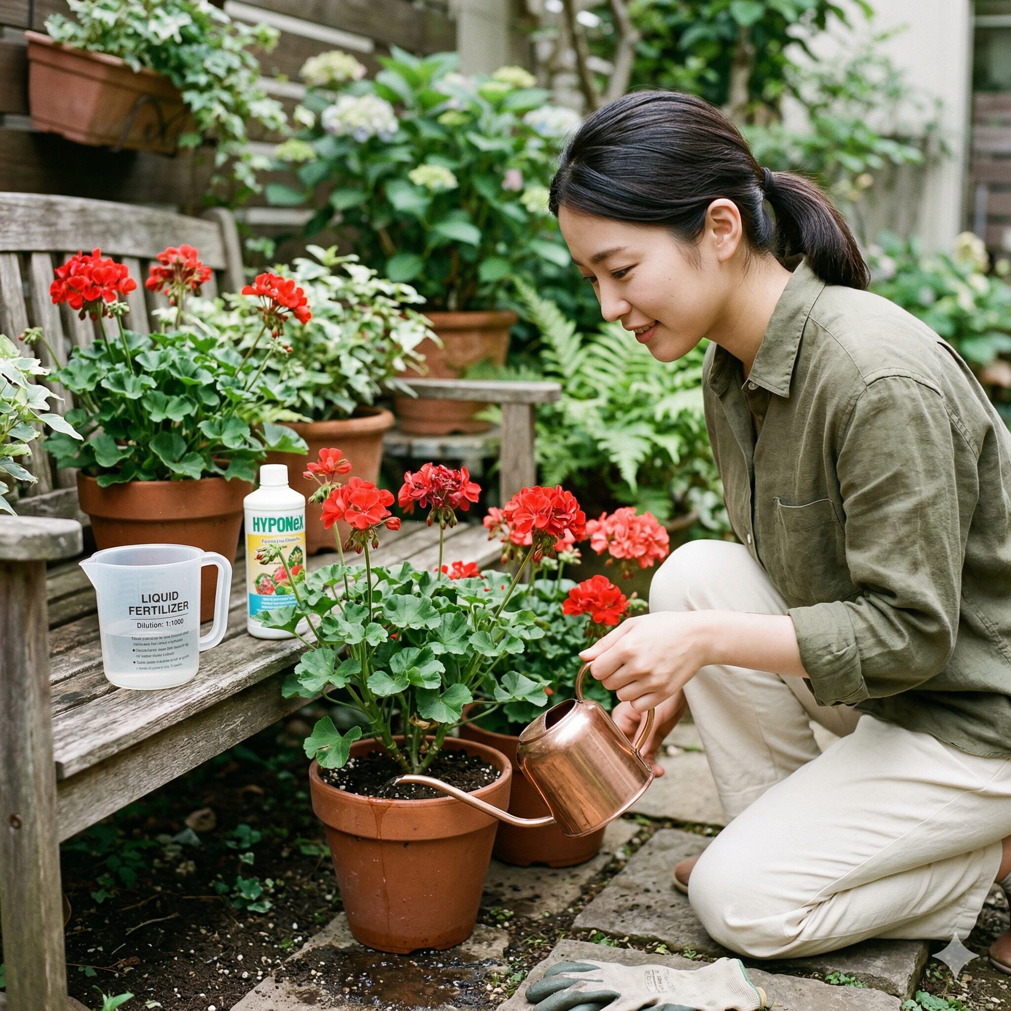 ゼラニウム 育て方 室内7 ゼラニウムの開花を促進するために株元へ液体肥料を与える様子