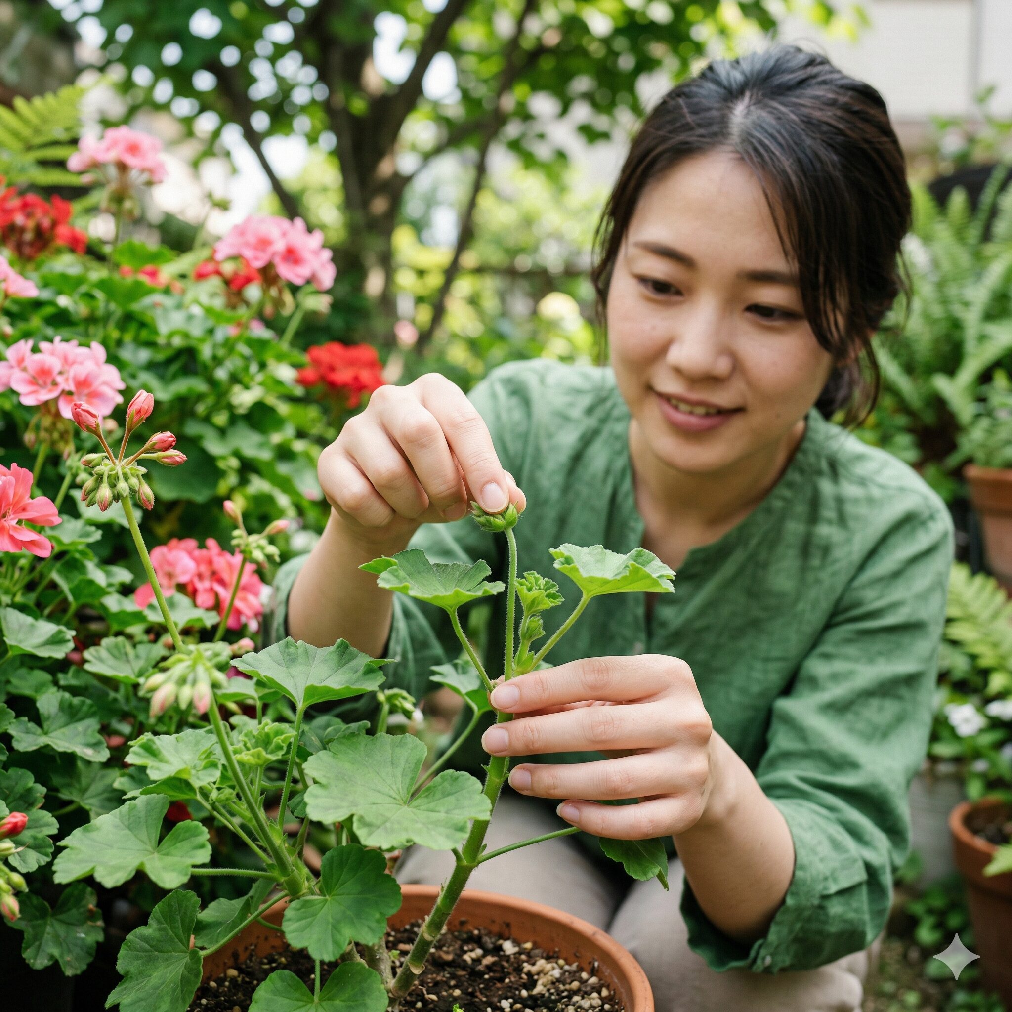 ゼラニウム 育て方 室内8 ゼラニウムの枝数を増やし株をこんもりさせるためのピンチ(摘芯)作業の様子