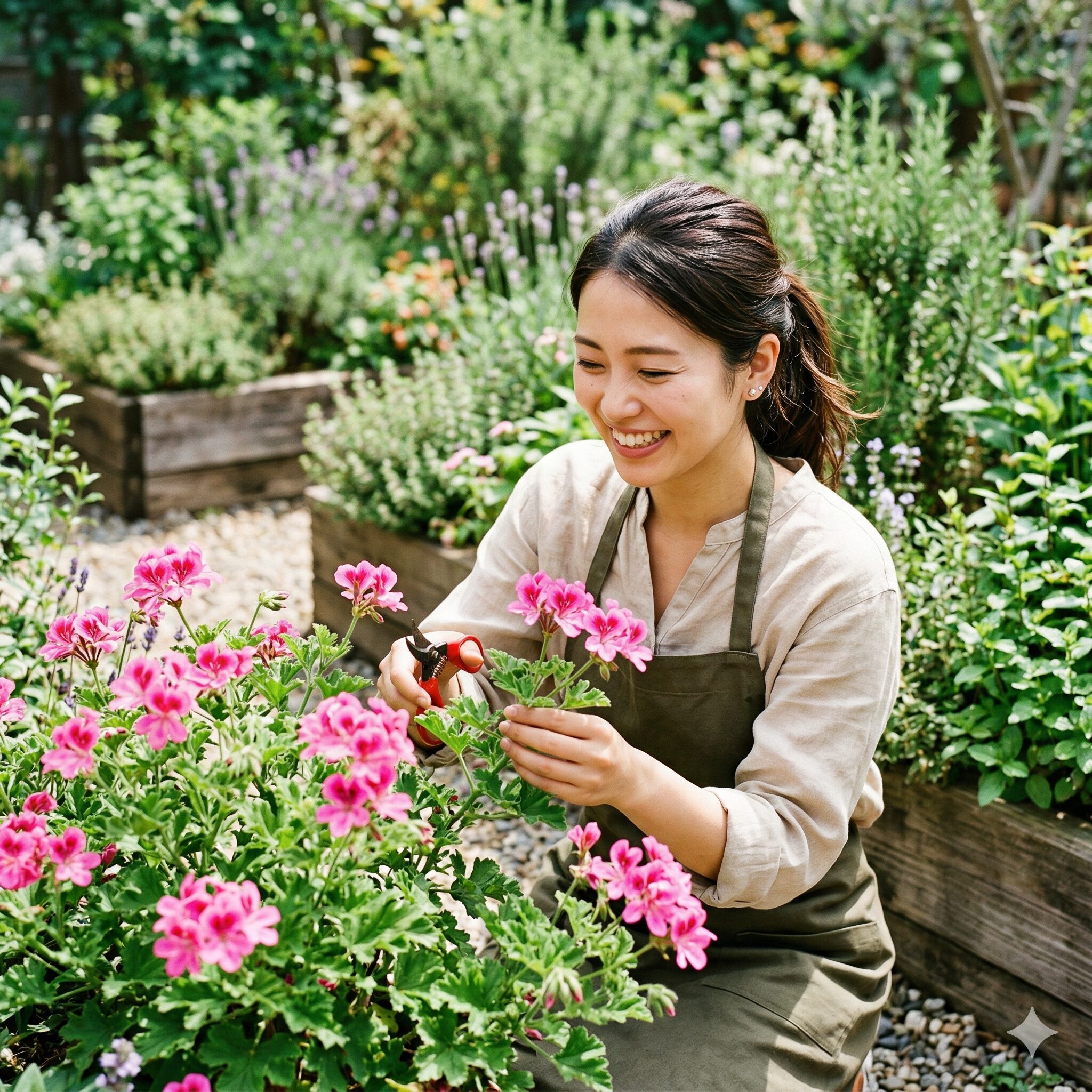 ゼラニウム 香り 苦手1　庭に美しく咲くローズゼラニウムの花と鮮やかな緑の葉のクローズアップ