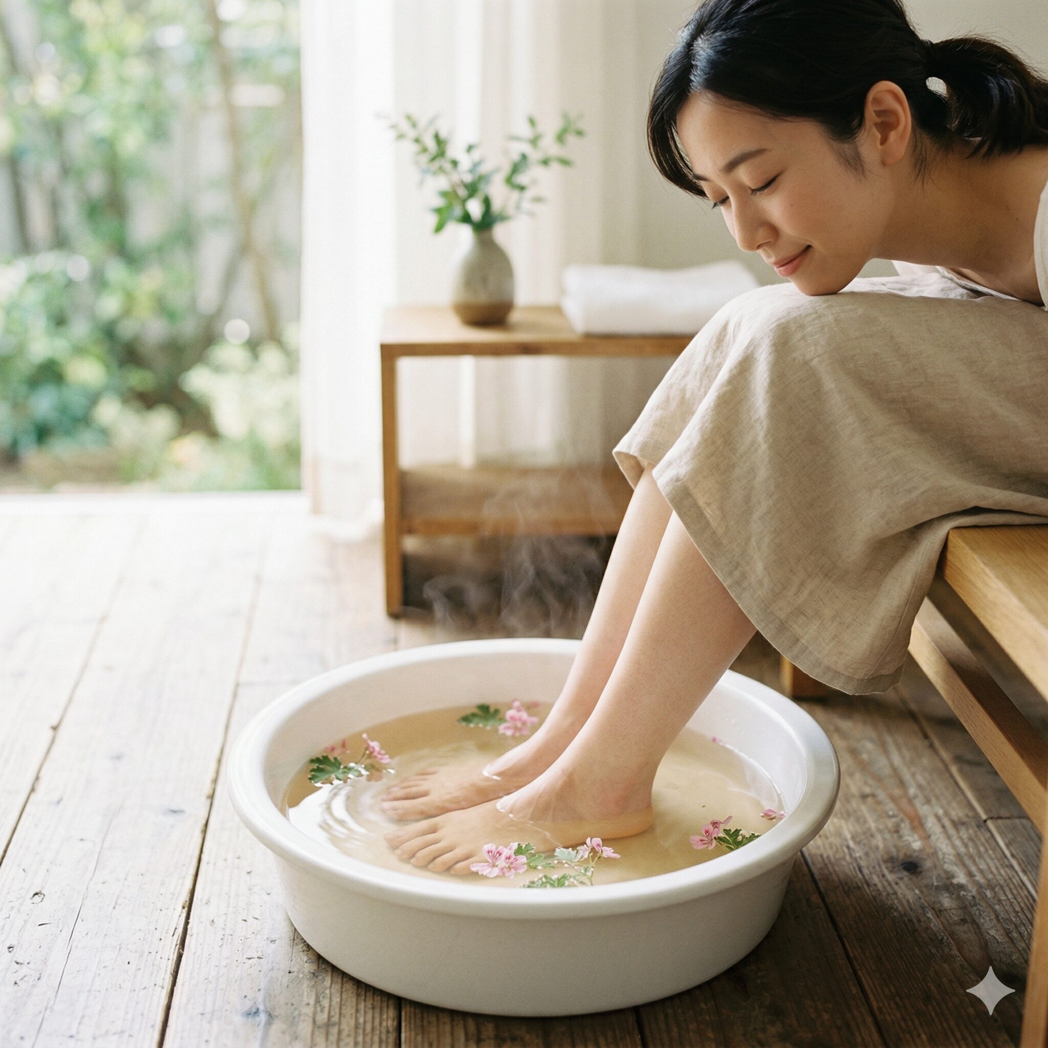 ゼラニウム 香り 苦手10　ゼラニウムの花びらを浮かべたお湯で足浴を楽しむリラックスタイム