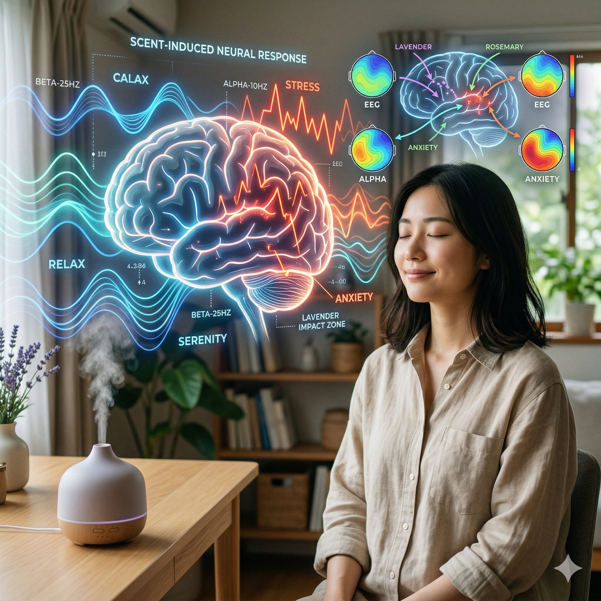 ゼラニウム 香り 苦手2　香りの刺激が脳波に与える影響を視覚化した科学的なトポグラフィーのイメージ