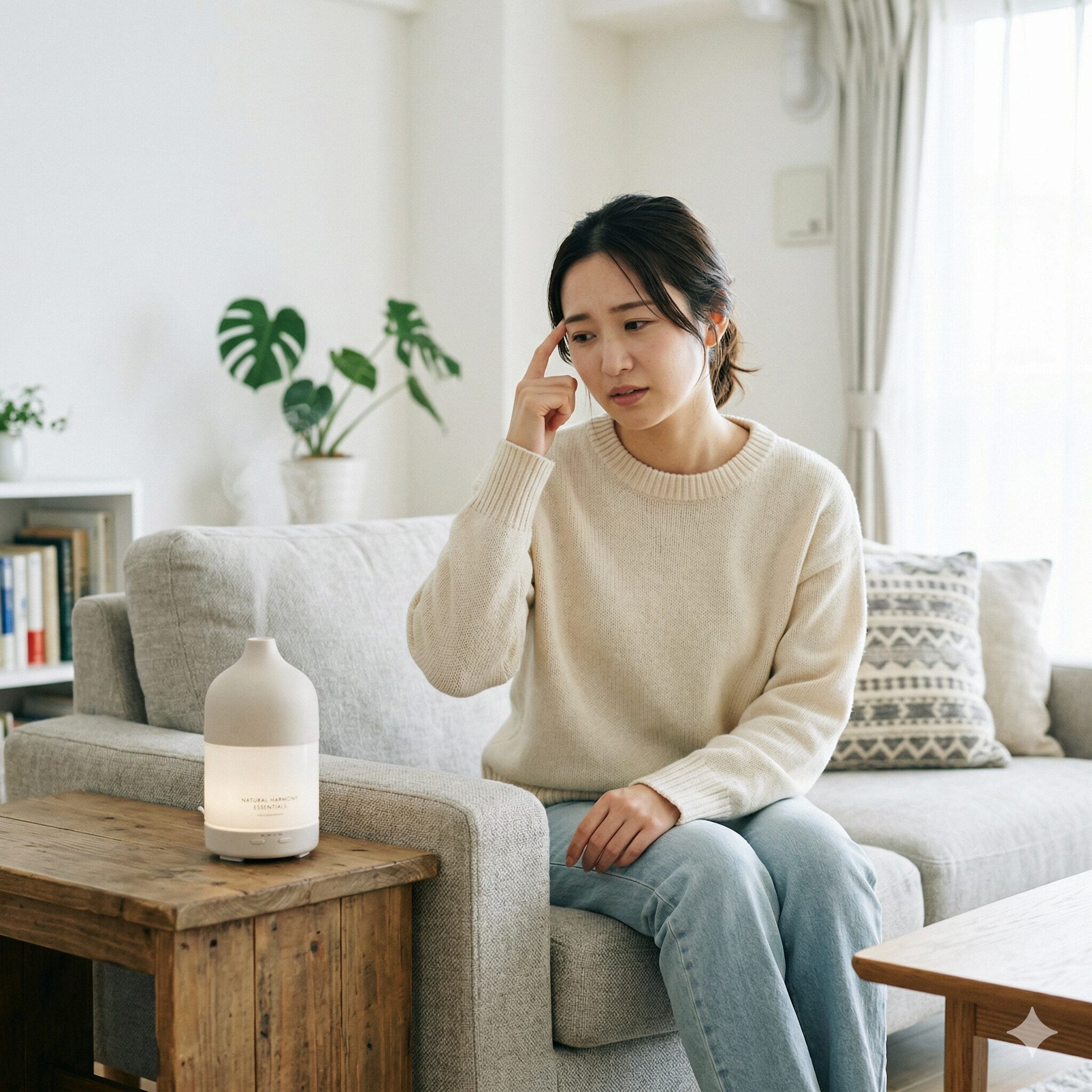 ゼラニウム 香り 苦手3　アロマの香りで頭痛や不快感を感じ、こめかみを押さえる若い日本人女性