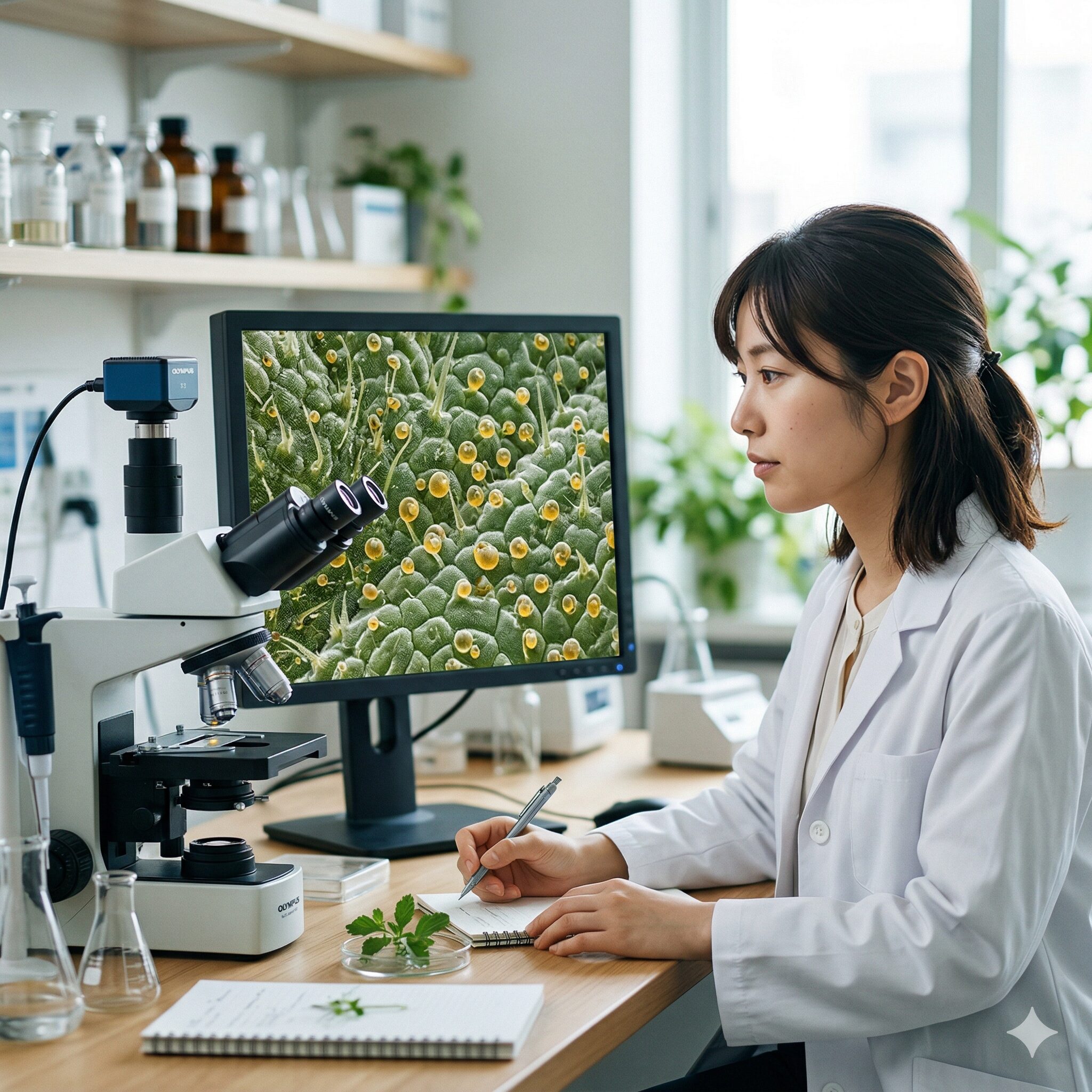 ゼラニウム 香り 苦手4　ゼラニウムの葉の表面にある香りの成分を蓄える腺毛のマイクロスコープ写真