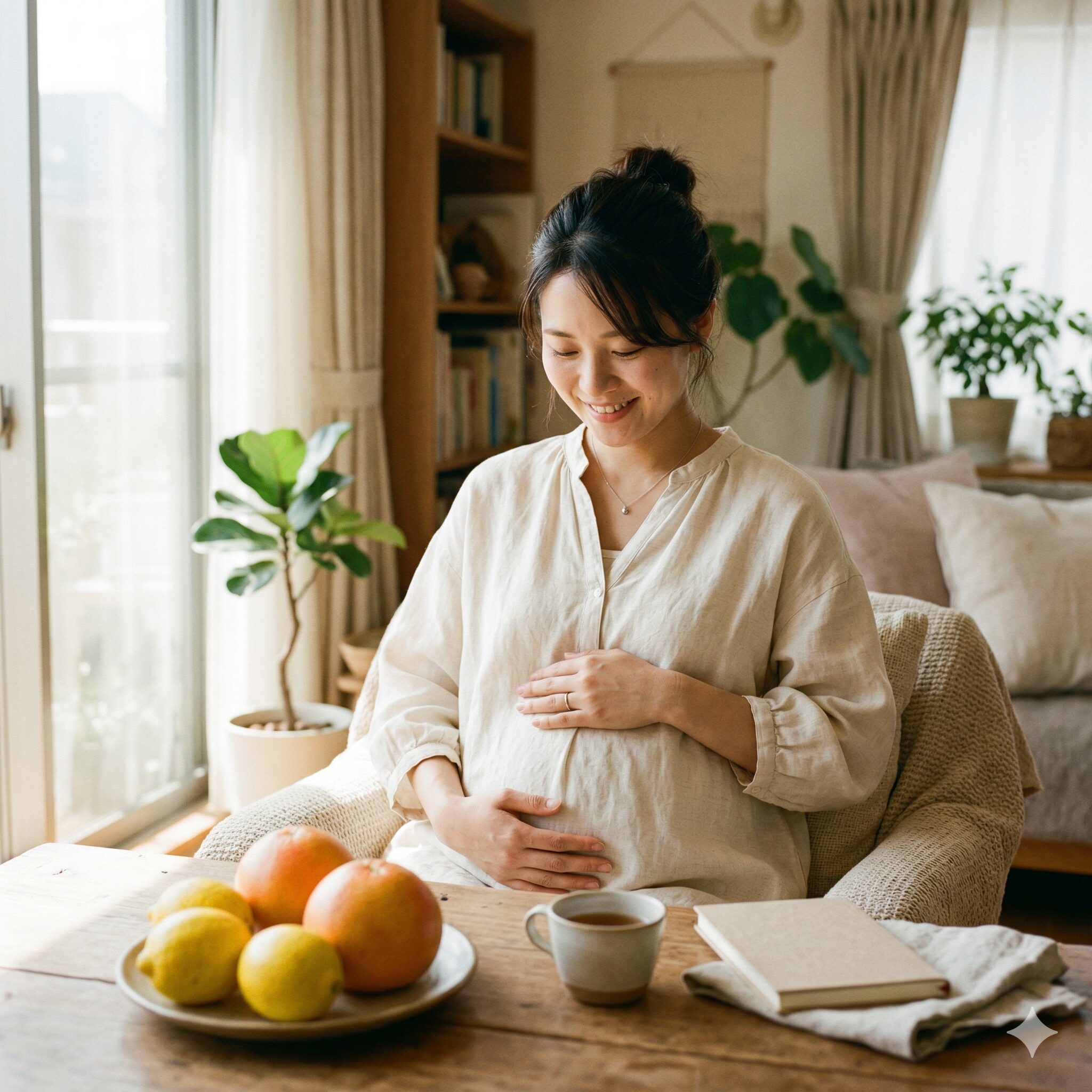 ゼラニウム 香り 苦手5　妊娠中に柑橘系の香りでリフレッシュする日本人女性の穏やかな様子