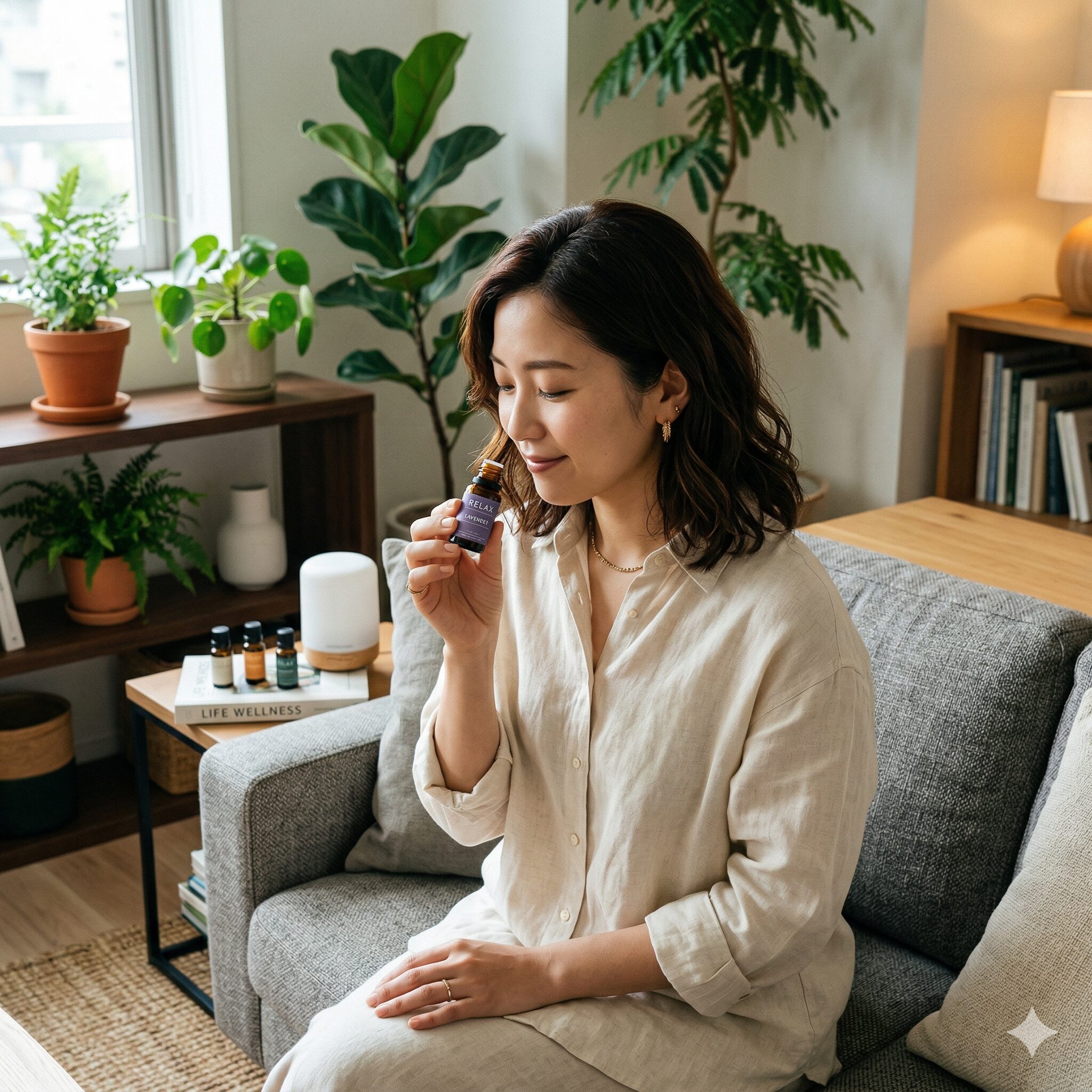 ゼラニウム 香り 苦手6　自分に合う香りを選び、更年期のセルフケアを行う40代の日本人女性