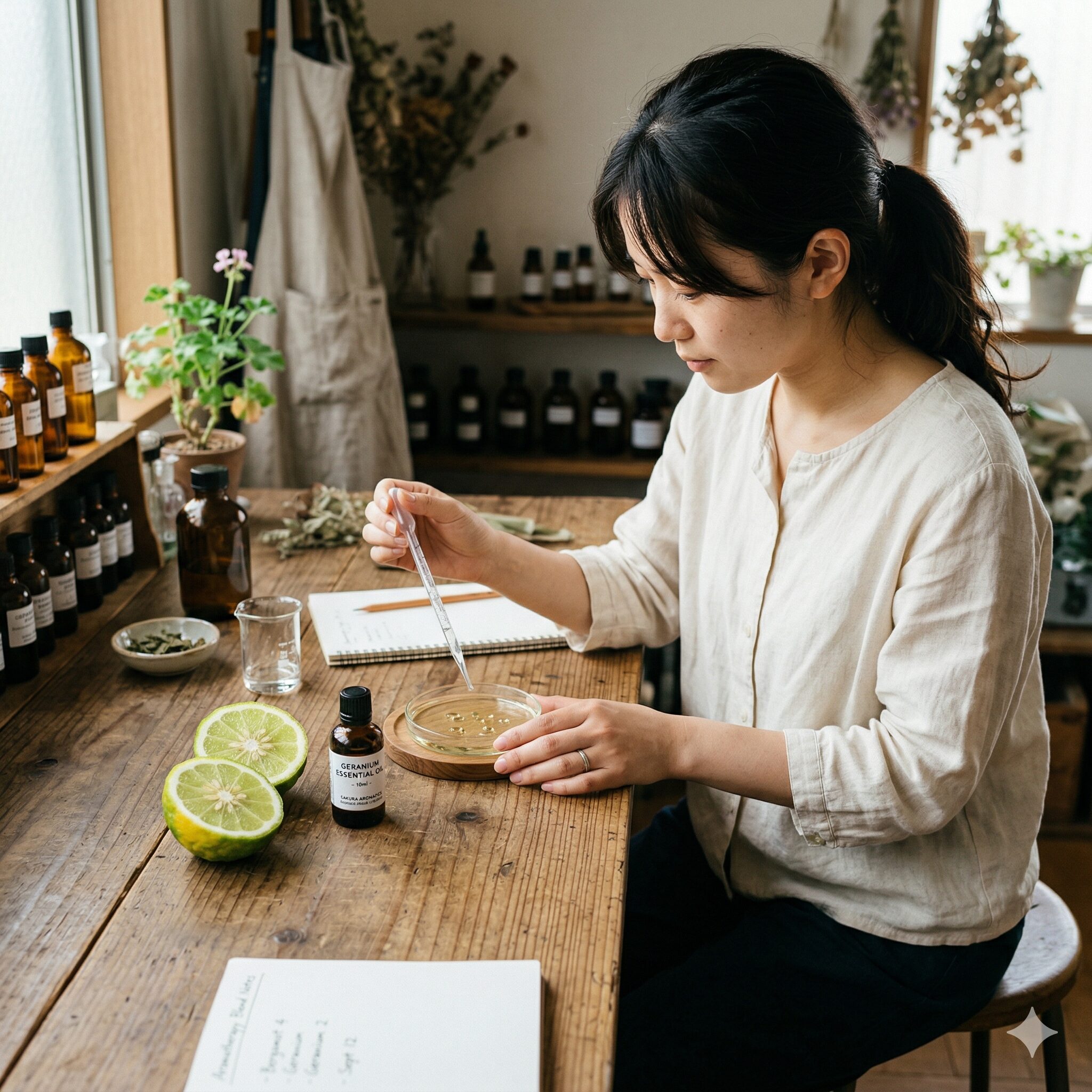 ゼラニウム 香り 苦手7　ベルガモットの実とゼラニウム精油を使用したプロフェッショナルなブレンドの様子