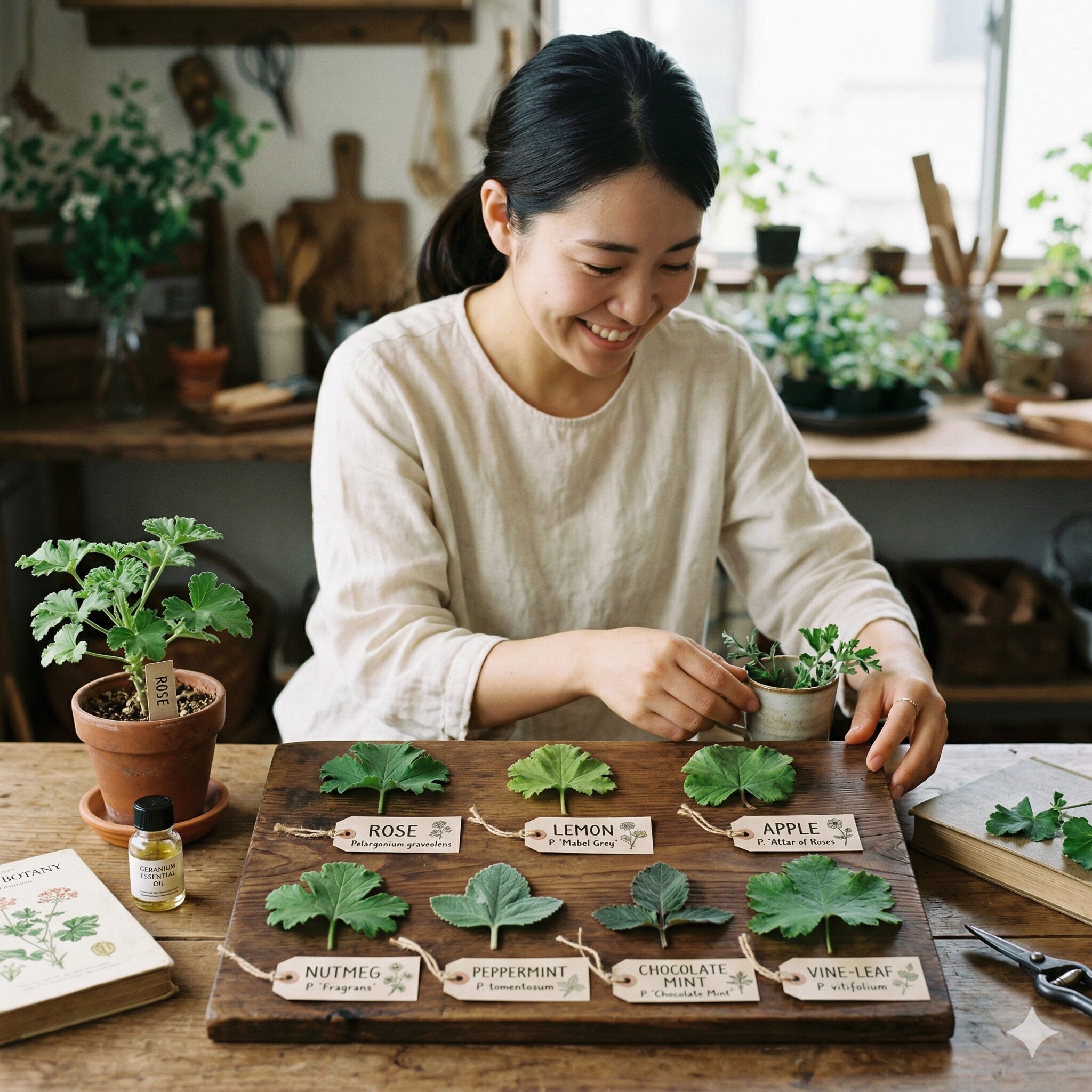 ゼラニウム 香り 苦手8　ローズやレモンなど香りが異なる数種類のセンテッドゼラニウムの葉の比較