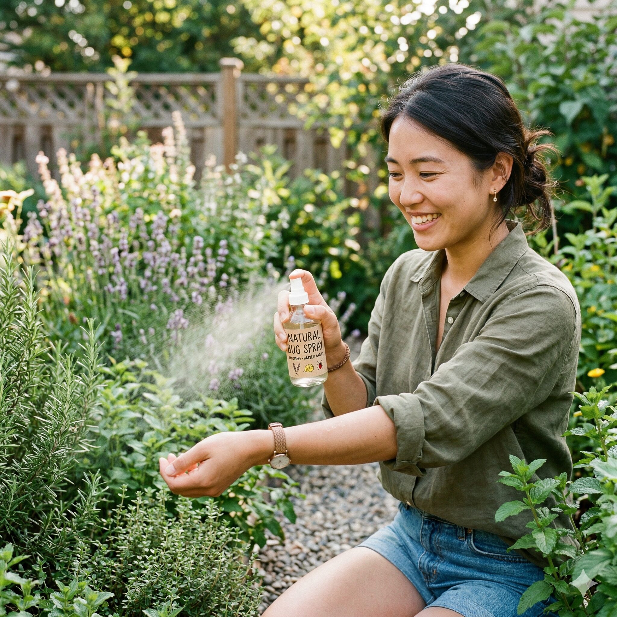 ゼラニウム 香り 苦手9　庭で自作のゼラニウム配合アロマ虫除けスプレーを使用する様子