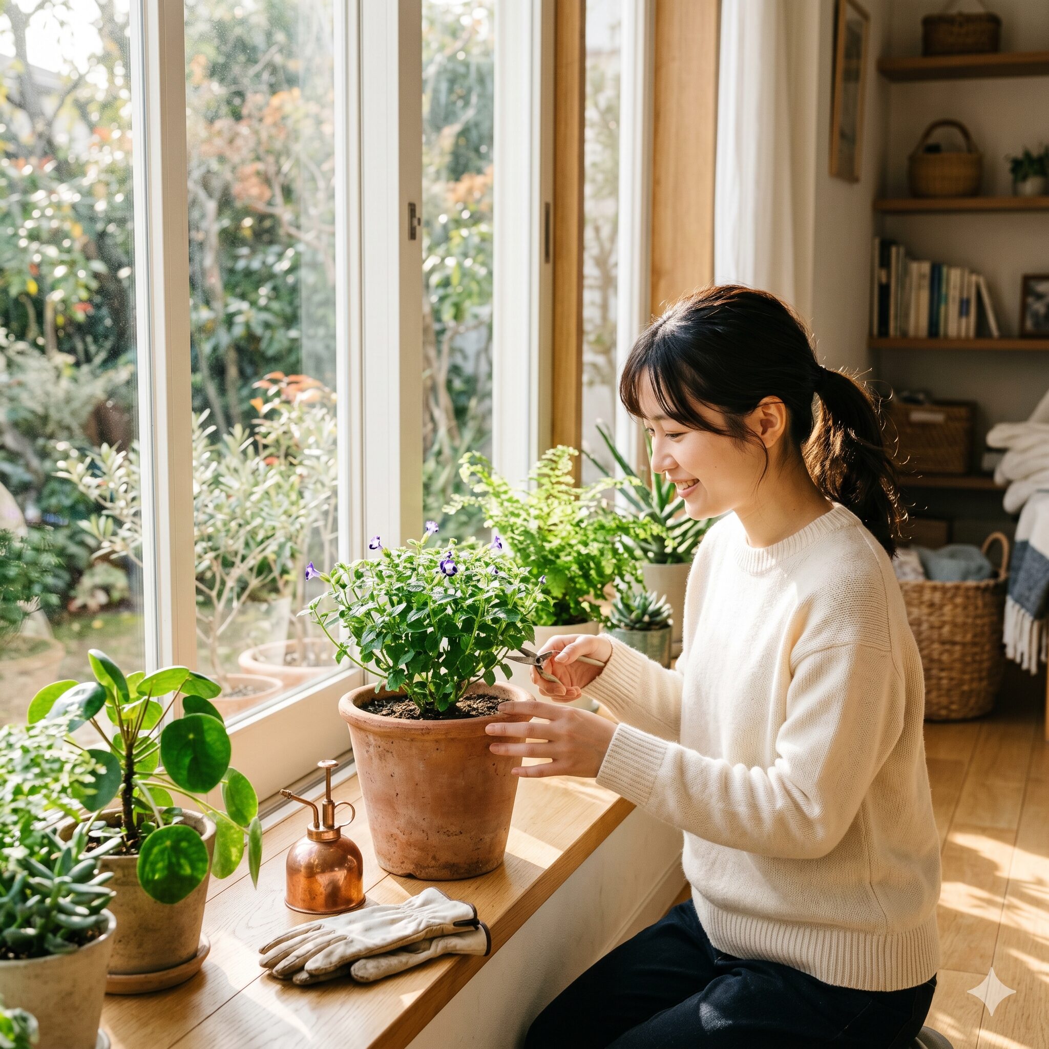 トレニア冬越し1　室内で冬越し中の健康的なトレニアの鉢植えとガーデニング用品