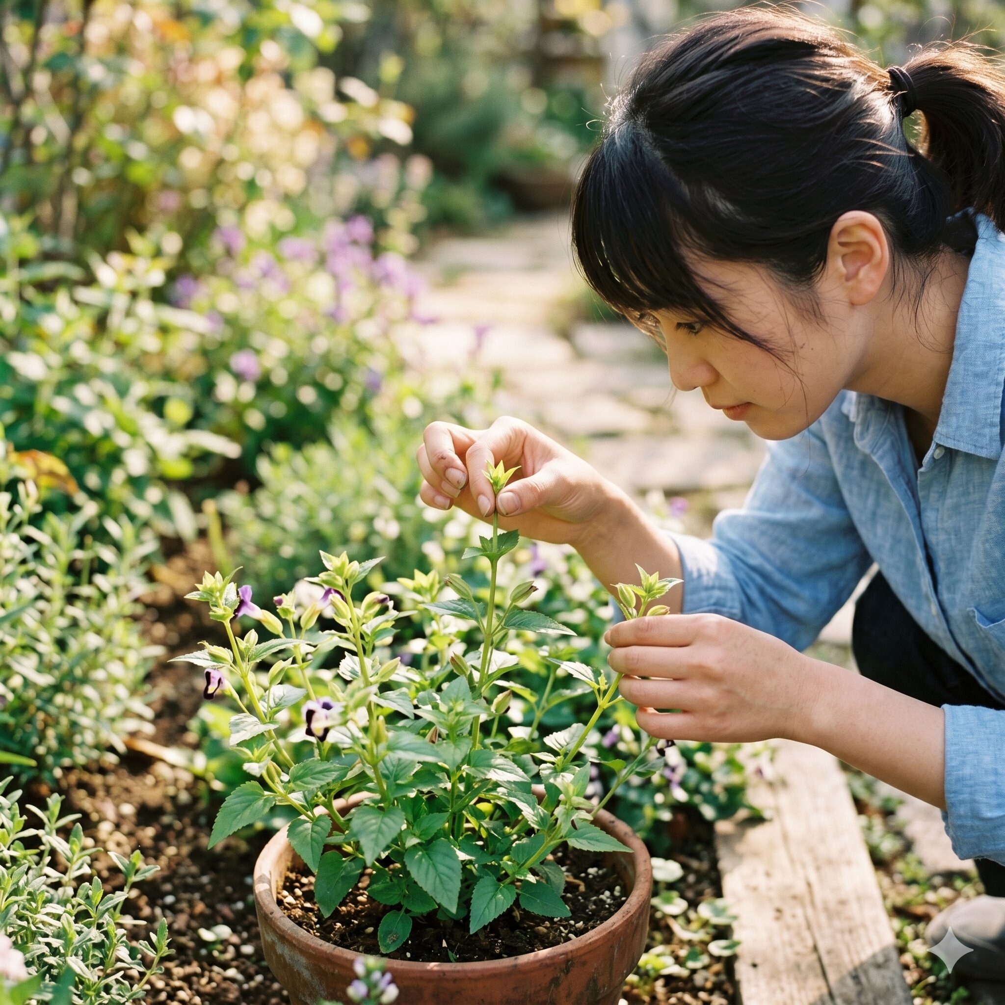 トレニア冬越し10　春の成長再開時にトレニアの枝数を増やすための摘心作業の手元アップ