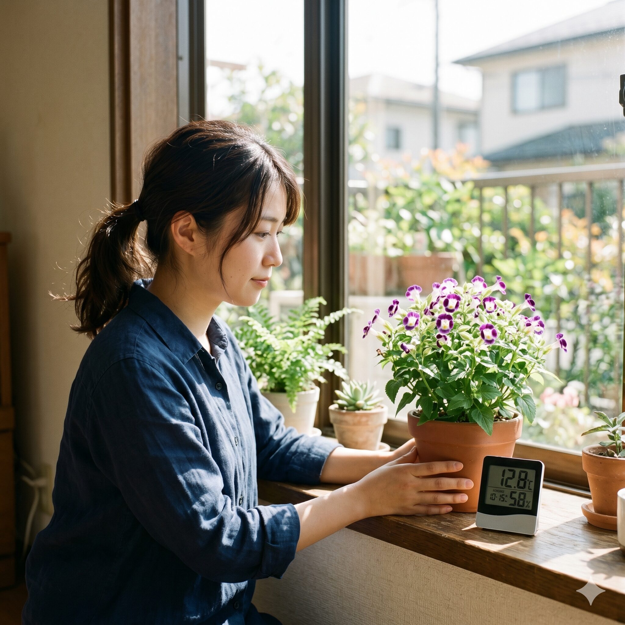 トレニア冬越し3　トレニアの冬越しに最適な室内温度を示すデジタル温度計と鉢植え