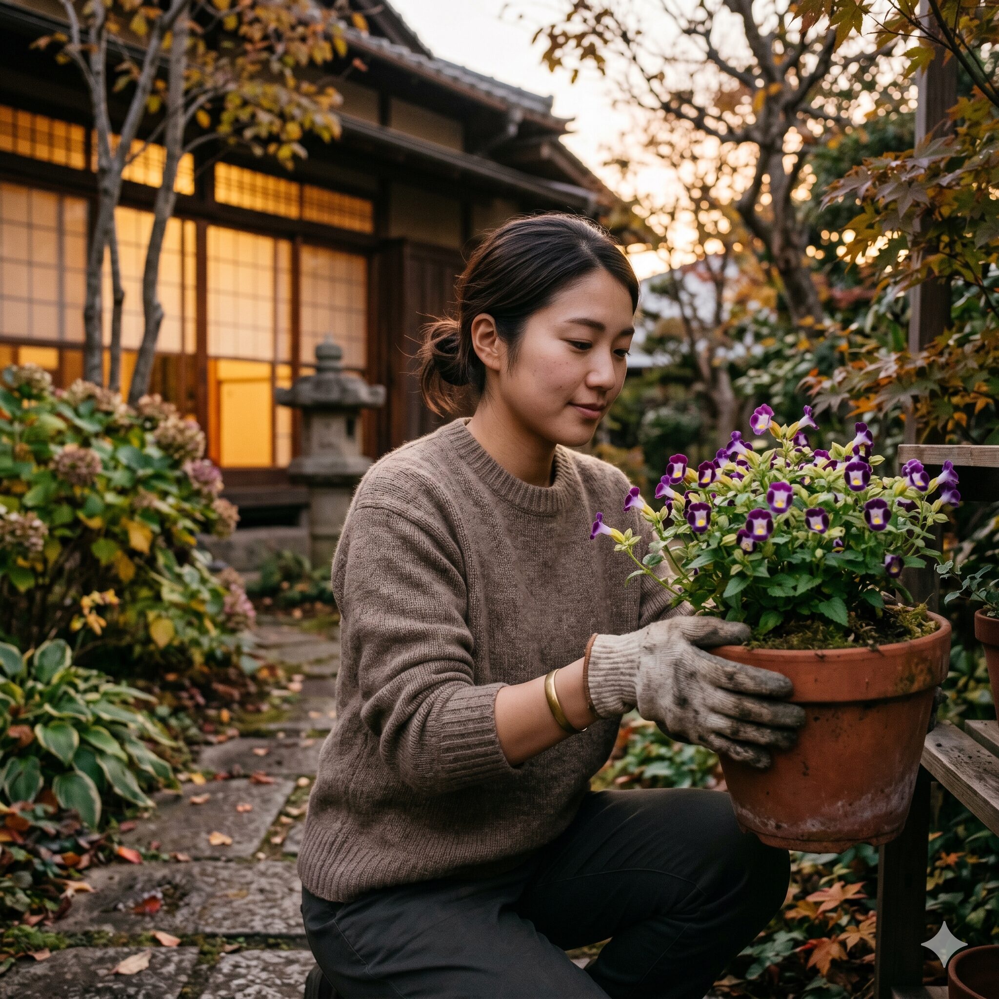 トレニア冬越し4　初霜が降りる前に庭のトレニアの鉢を室内へ取り込む様子