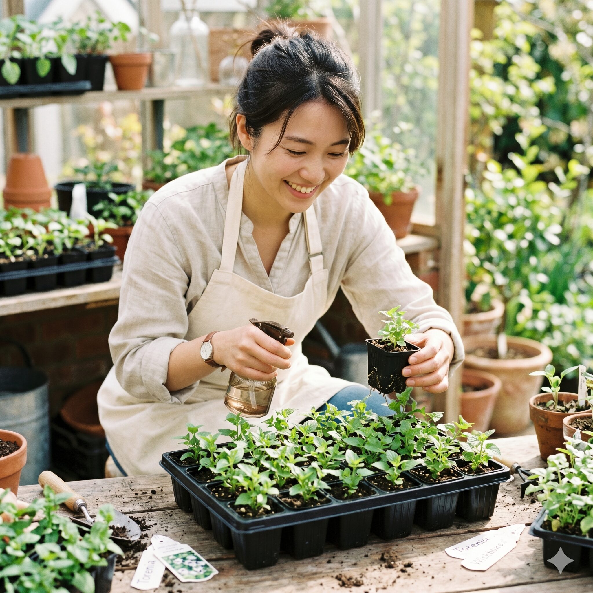 トレニア冬越し5　冬越しのためにコンパクトなポットで育てられているトレニアの挿し木苗