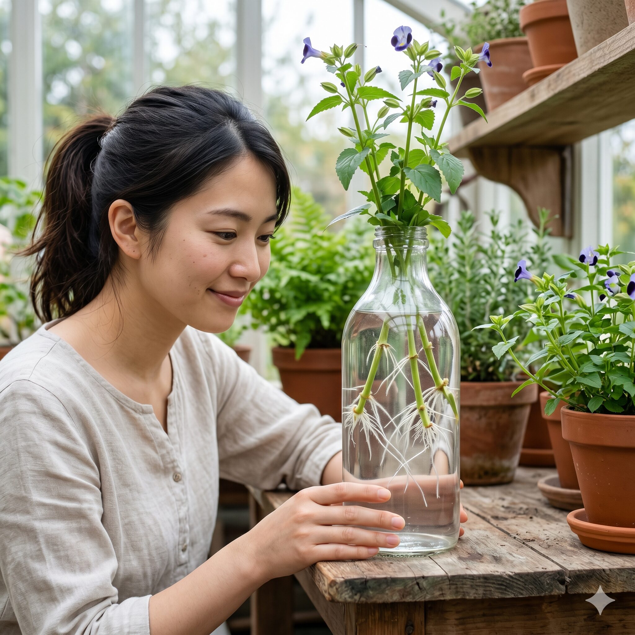 トレニア冬越し6　ガラス瓶の水差しで白い根が十分に発根したトレニアの挿し穂