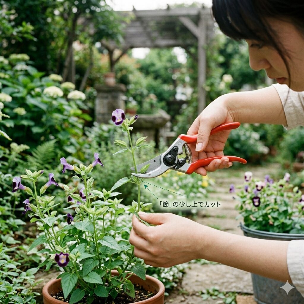 トレニア冬越し7　トレニアの冬越し準備で行う正しい切り戻し剪定の様子