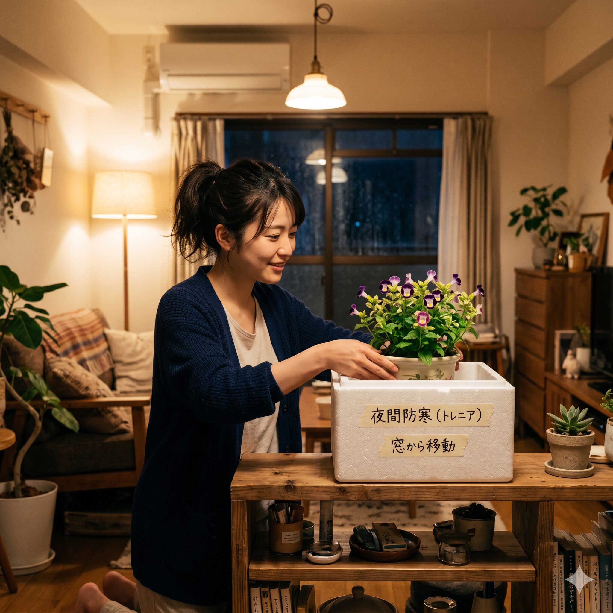 トレニア冬越し8　夜間の冷え込みを避けるために部屋の中央へ移動し保温対策をしたトレニア