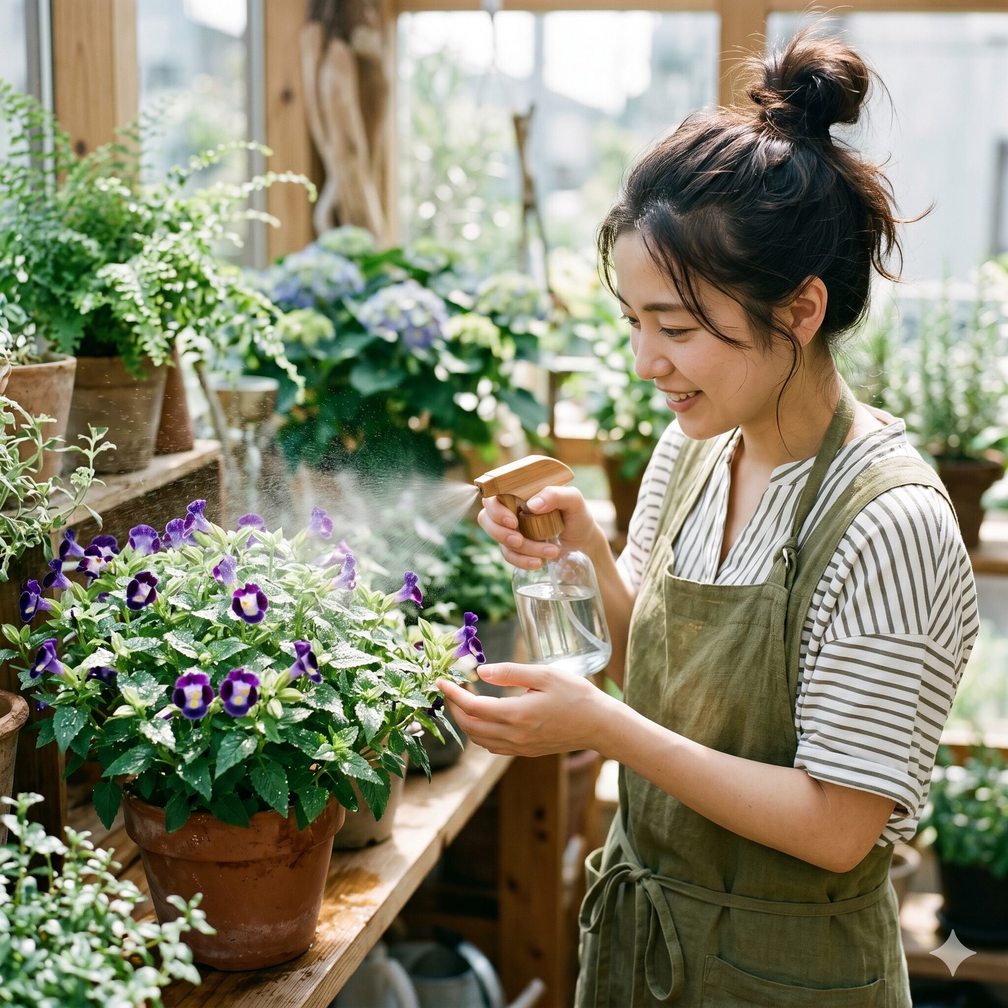 トレニア冬越し9　冬の室内乾燥対策としてトレニアの葉に葉水を与えている様子