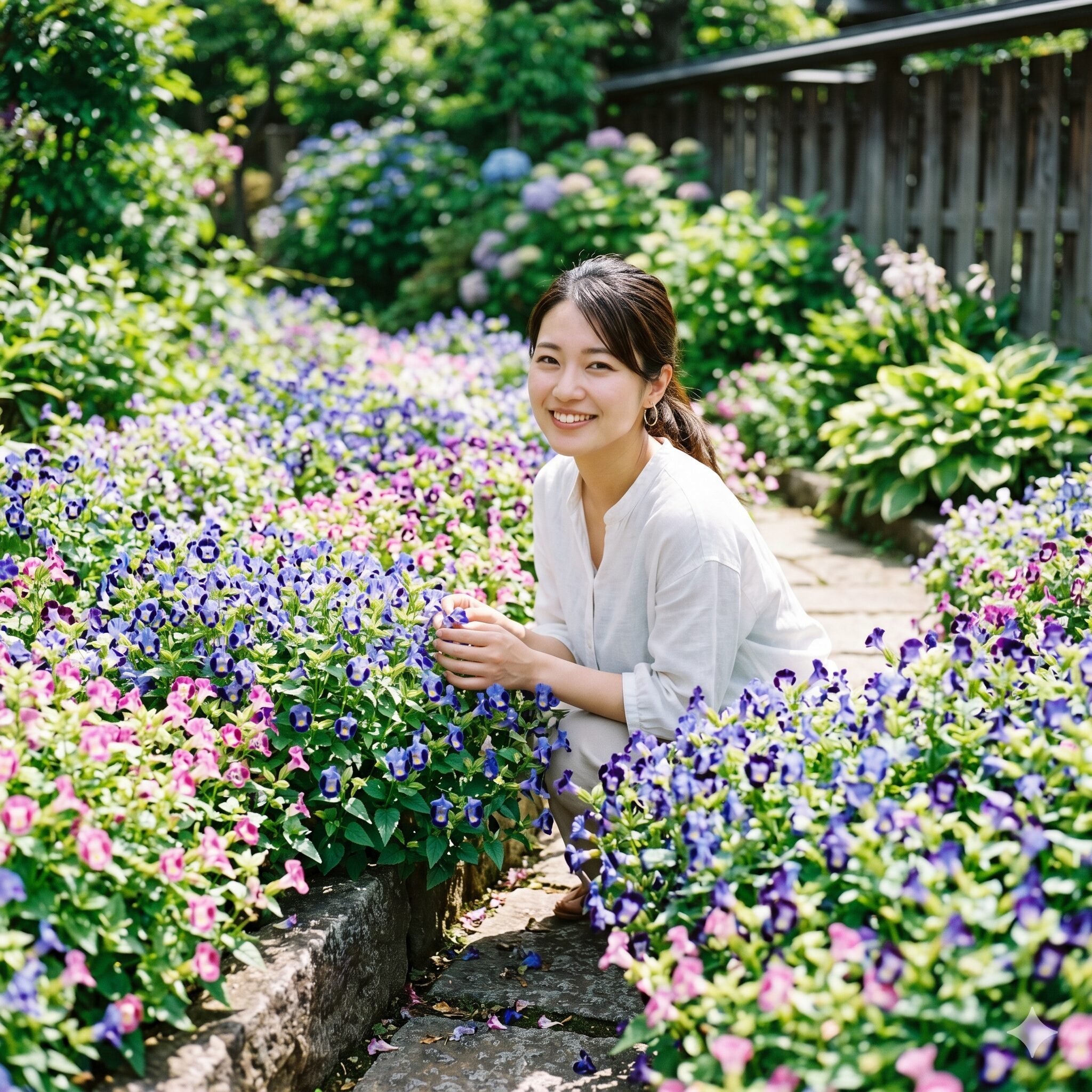 トレニア花言葉1　夏の庭を彩る色鮮やかなトレニアの花々。青やピンクのグラデーションが美しいアイキャッチ。