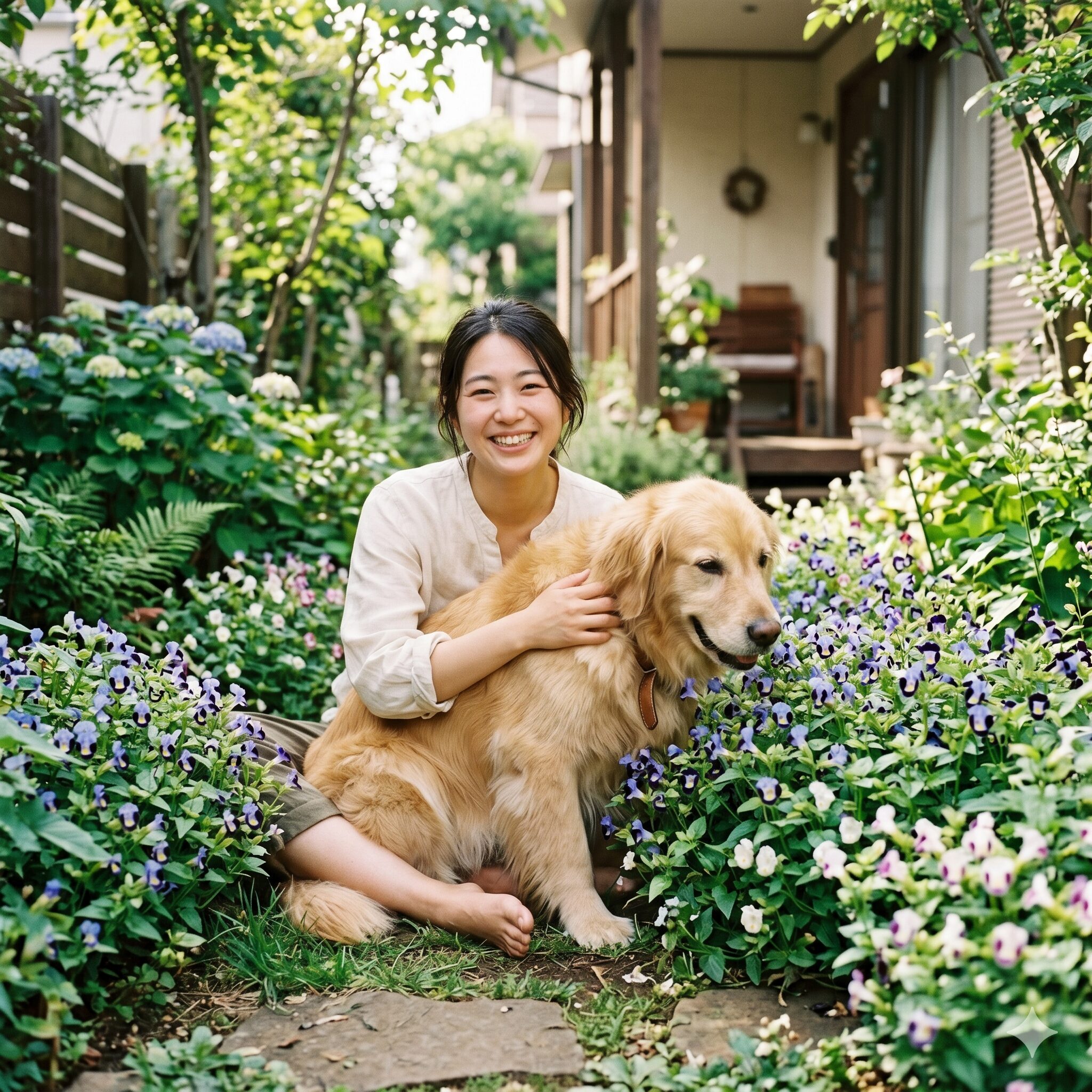 トレニア花言葉10　犬や猫にも安全なトレニア。ペットが近づいても安心なガーデニングの風景。
