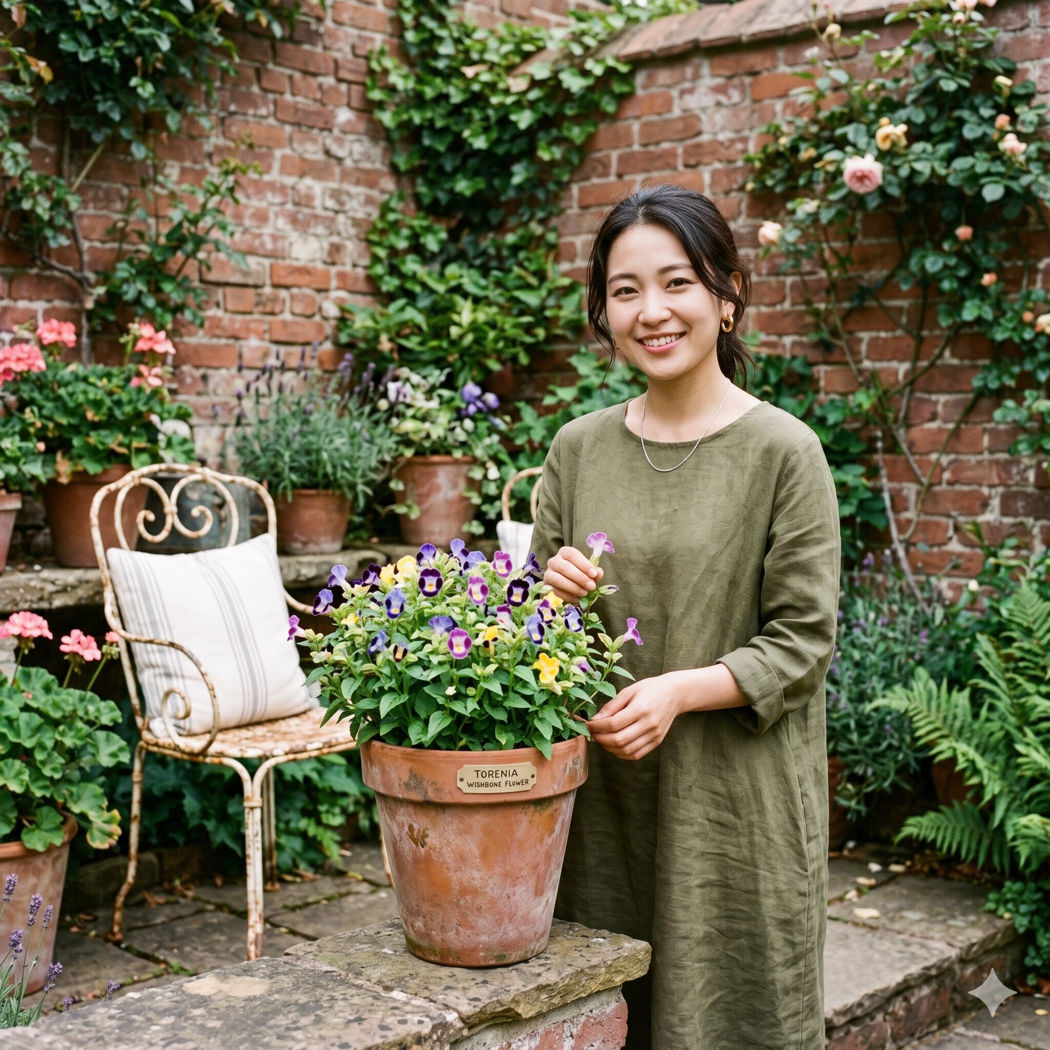 トレニア花言葉3　洋風のテラコッタプランターに植えられた、西洋の雰囲気漂うトレニアの鉢植え。