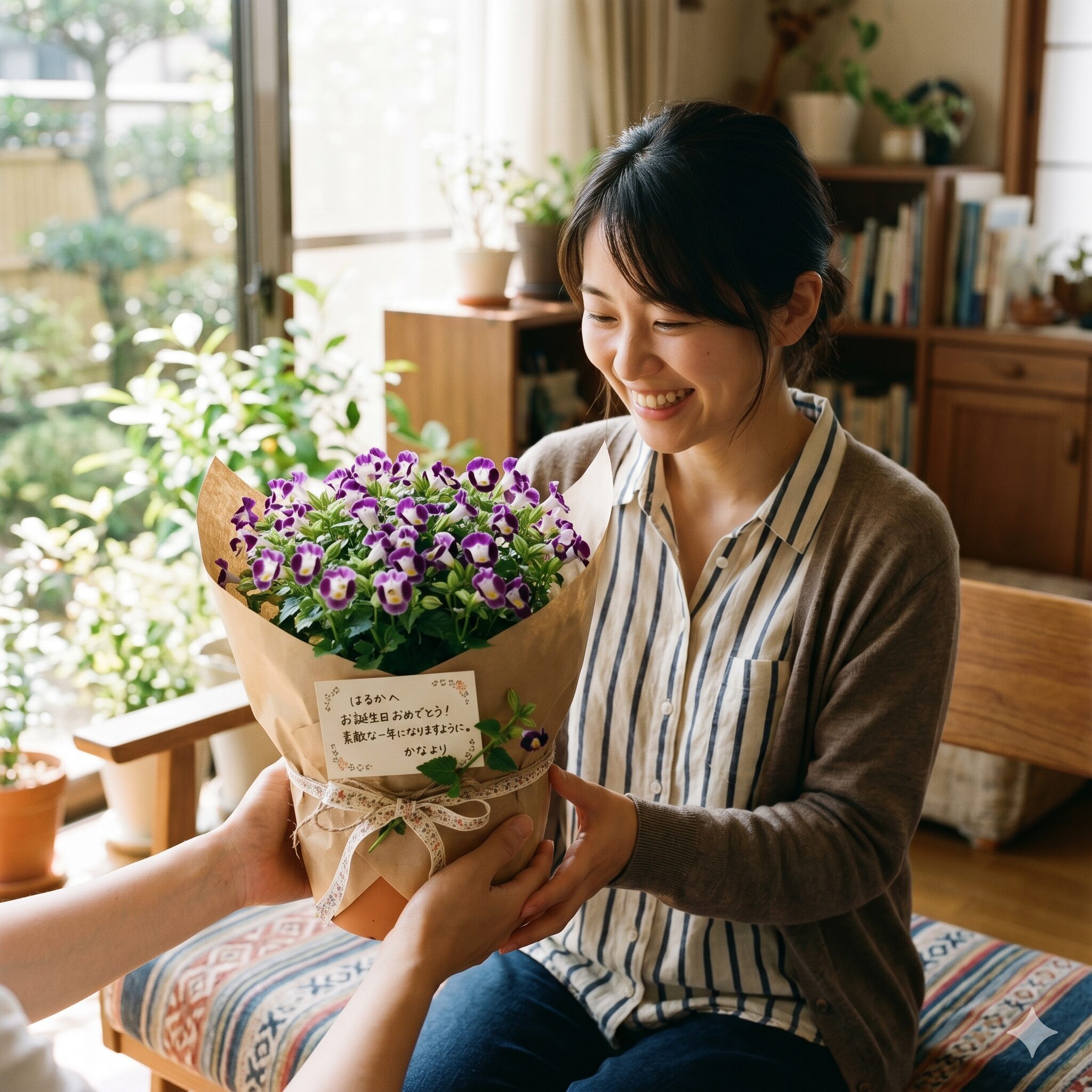 トレニア花言葉4　誕生日ギフト用にラッピングされたトレニアの鉢植えと心のこもったメッセージカード。