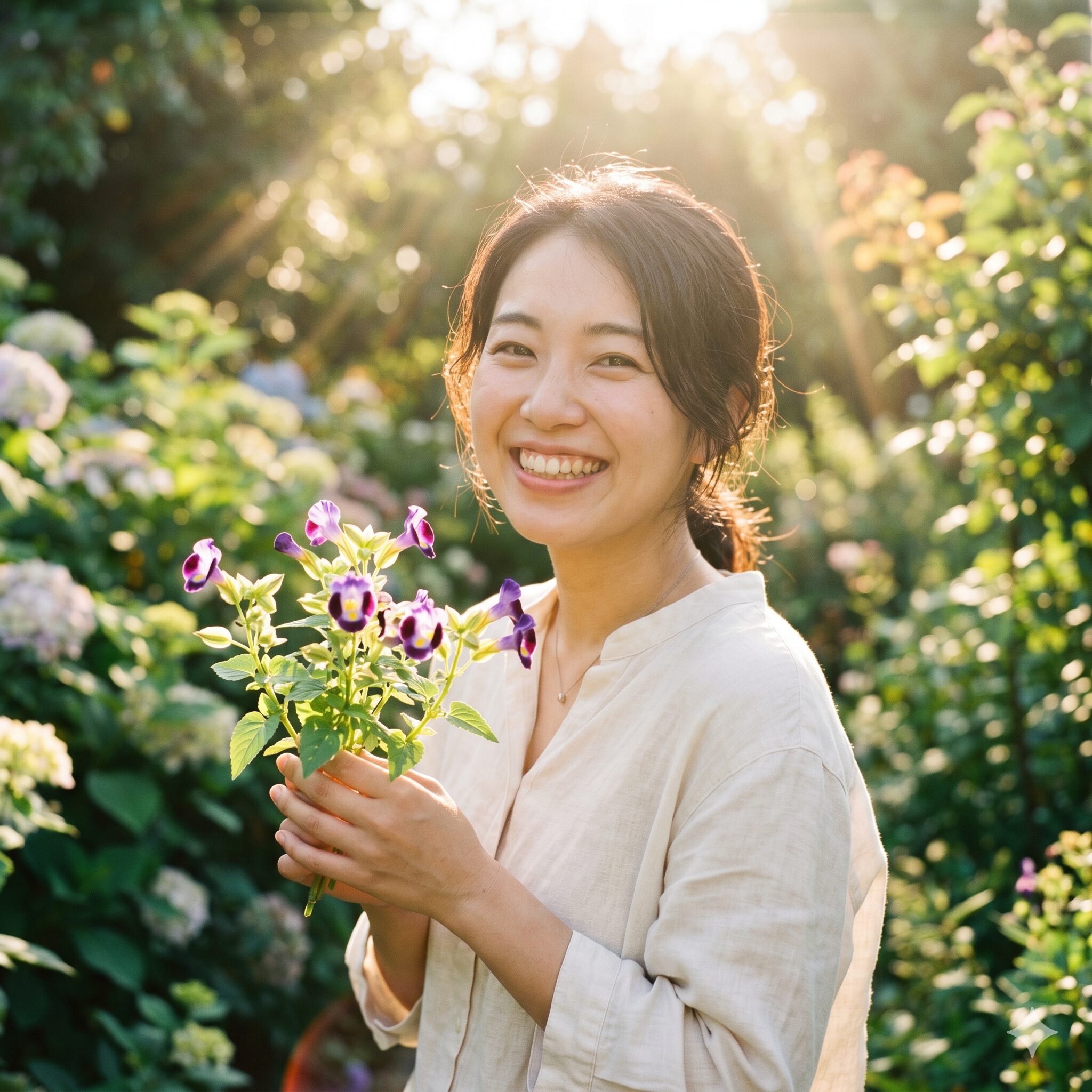 トレニア花言葉5　太陽の光を浴びて透明感たっぷりに咲くトレニア。怖い意味がないことを象徴する明るい写真。