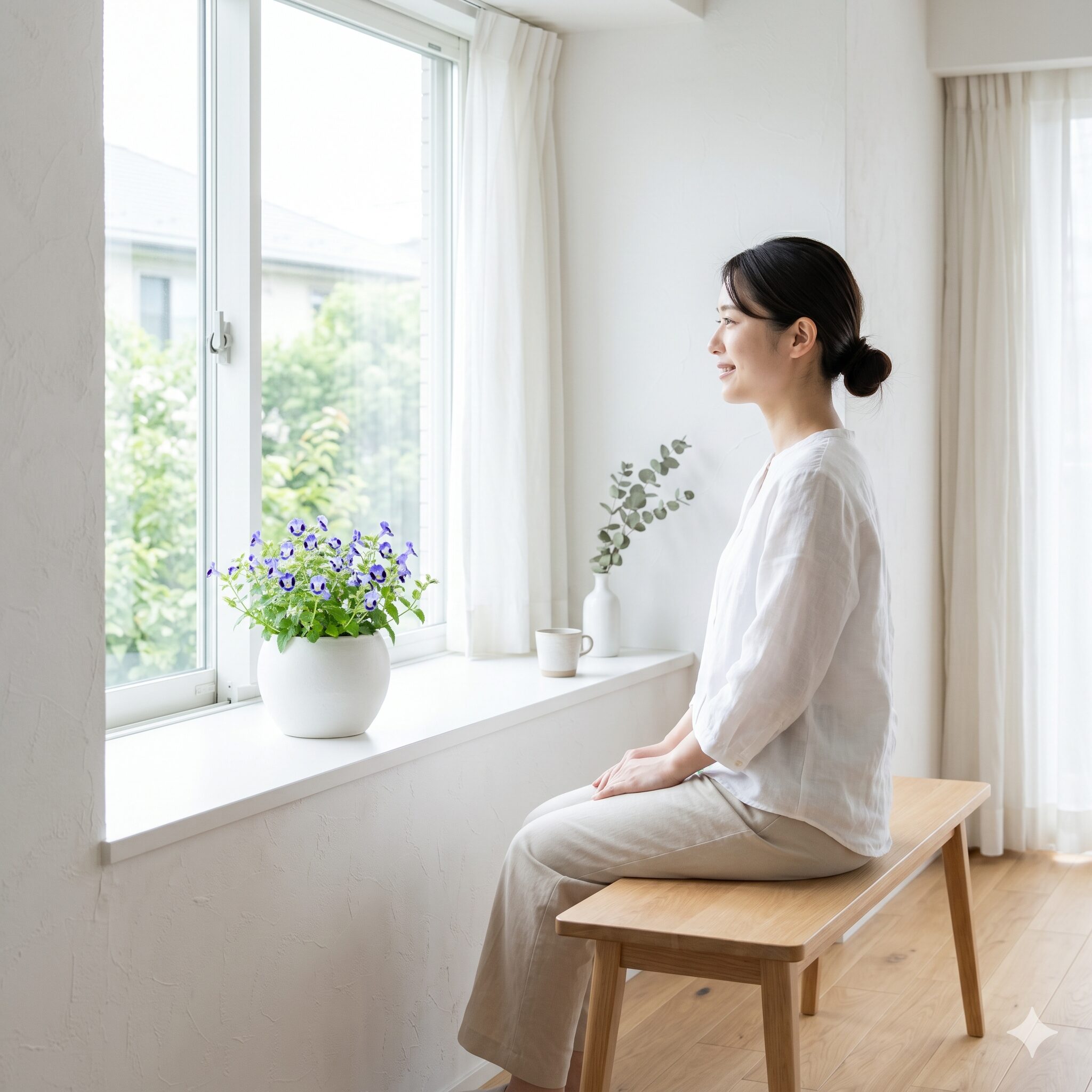 トレニア花言葉6　風水の浄化と財運アップを狙って、家の北側の窓辺にレイアウトされた青いトレニア。