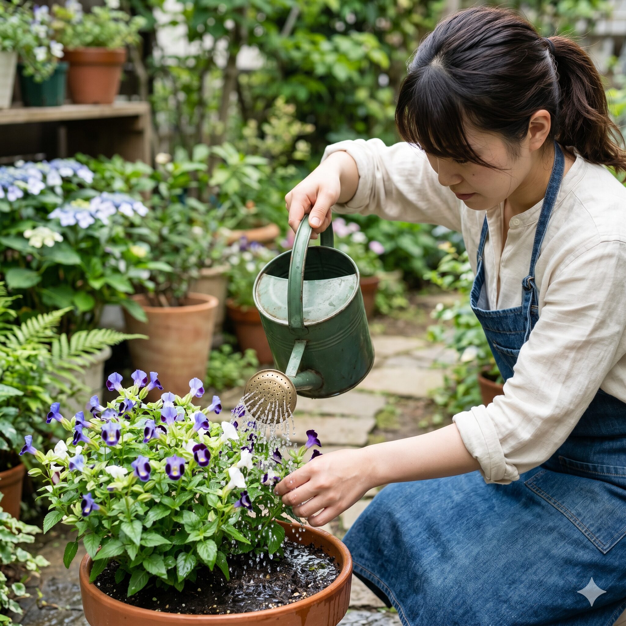 トレニア花言葉8　トレニアの株元へ丁寧に水やりをする様子。夏場の正しいメンテナンス方法。