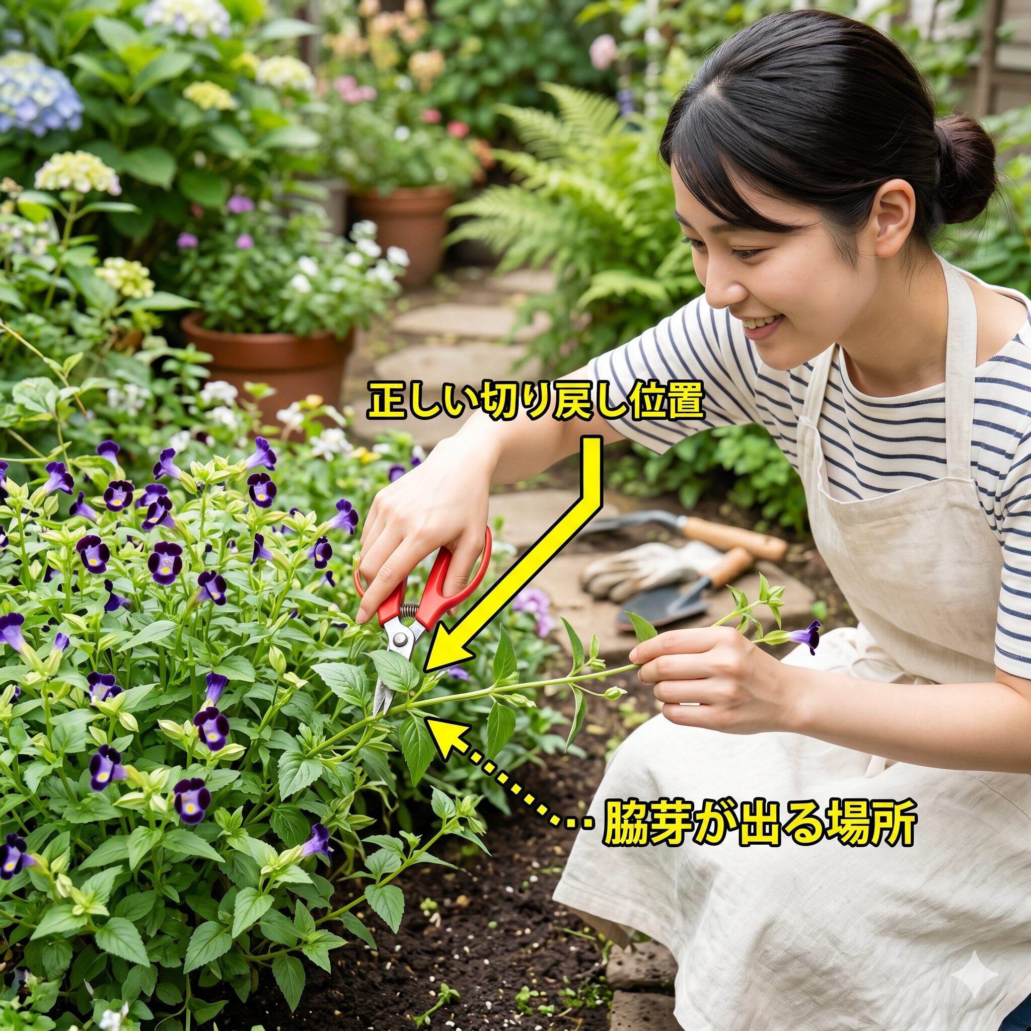 トレニア花言葉9　秋に再び満開にするためのトレニアの切り戻し作業。ハサミを入れる位置の例。