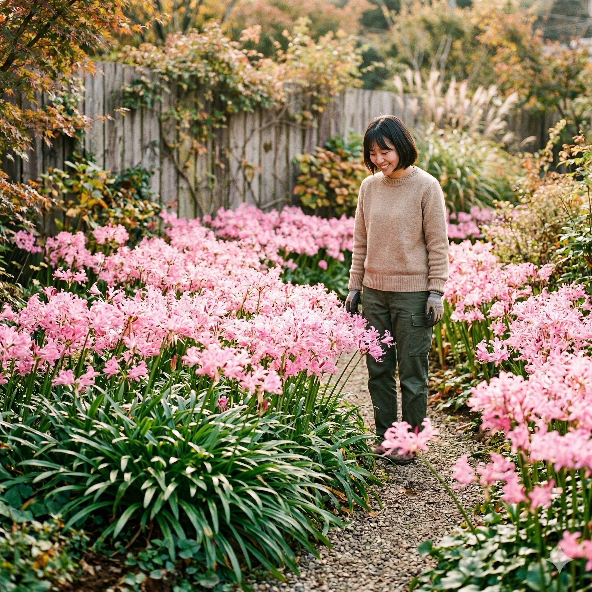 ネリネ クリスパ 育て方1　秋の庭でダイヤモンドのようにキラキラと輝きながら群生するネリネ・クリスパの花
